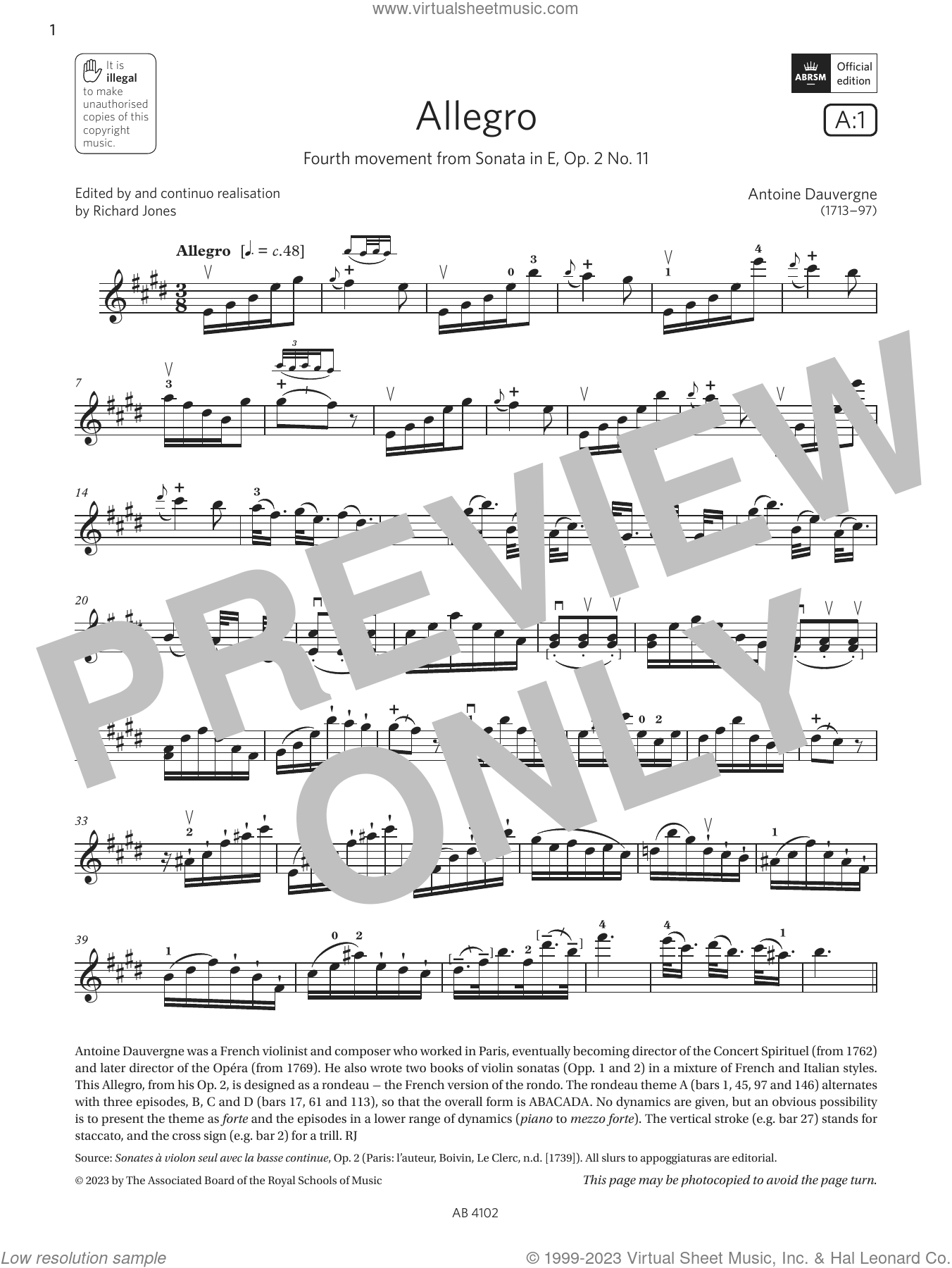 Allegro Grade 8 A1 From The Abrsm Violin Syllabus From 2024 Sheet