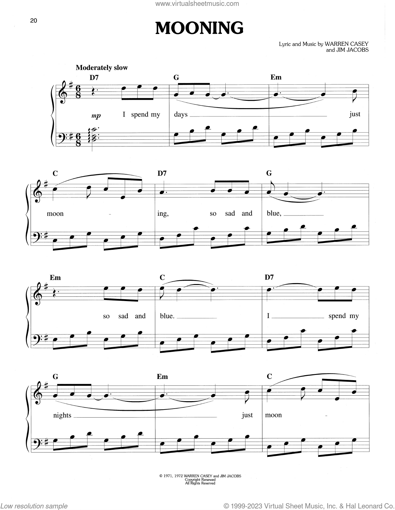 Mooning (from Grease) sheet music for piano solo (PDF)