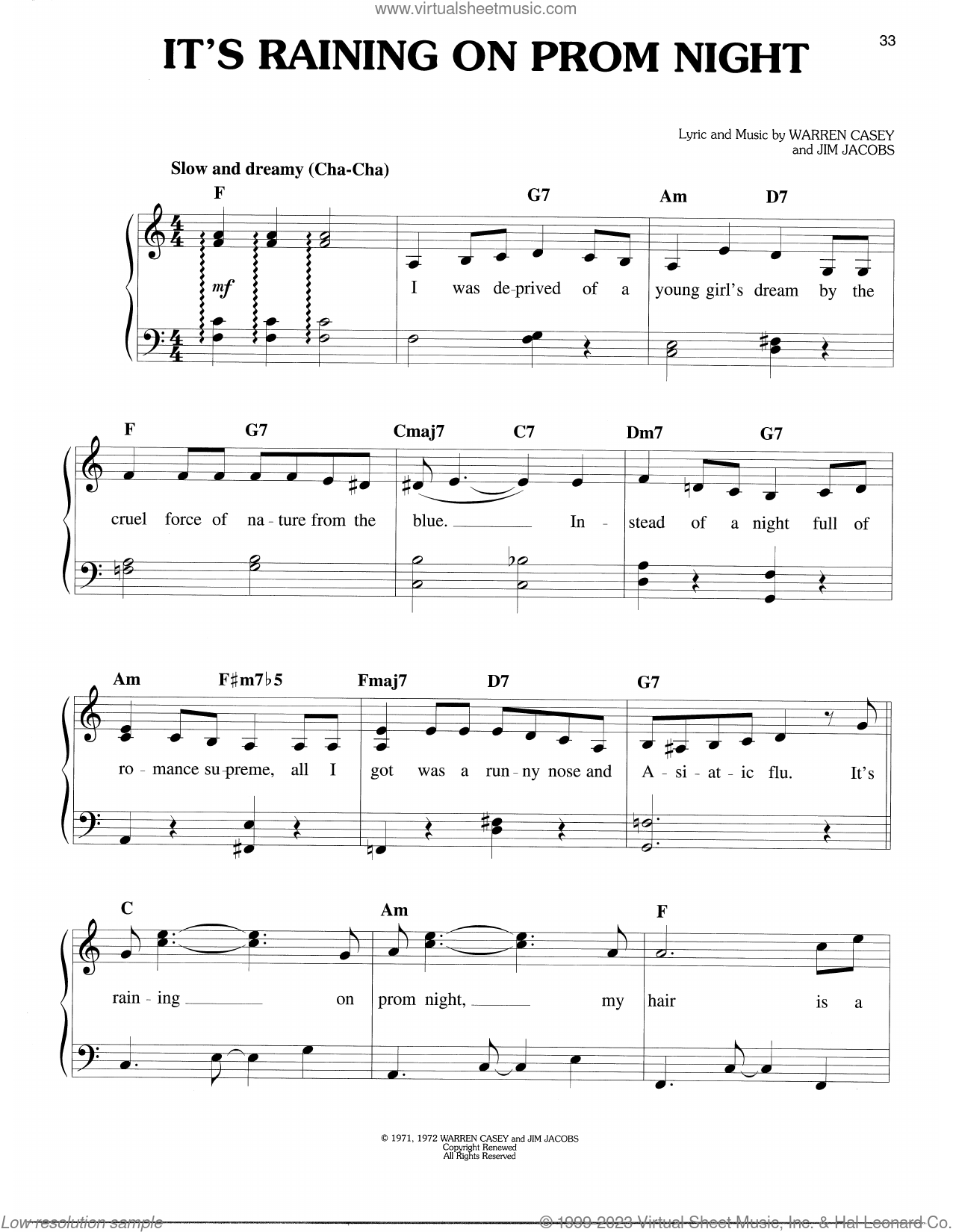 It's Raining On Prom Night (from Grease) sheet music for piano solo