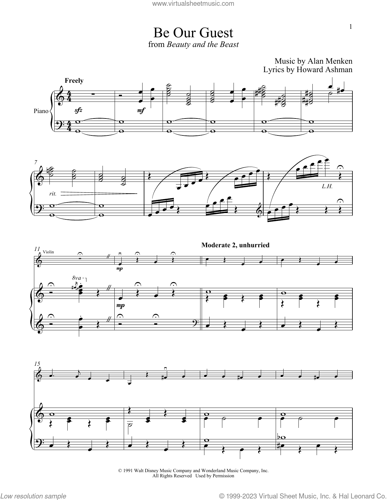 Be Our Guest (from Beauty And The Beast) sheet music for violin and piano