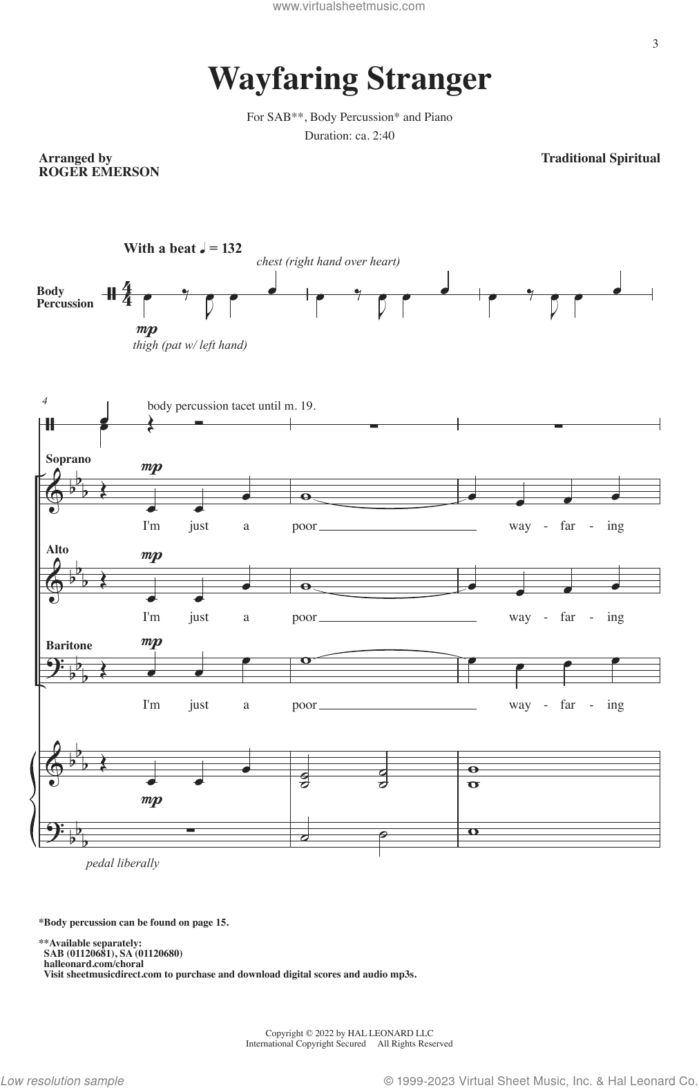 Wayfaring Stranger (arr. Roger Emerson) sheet music for choir (SAB ...