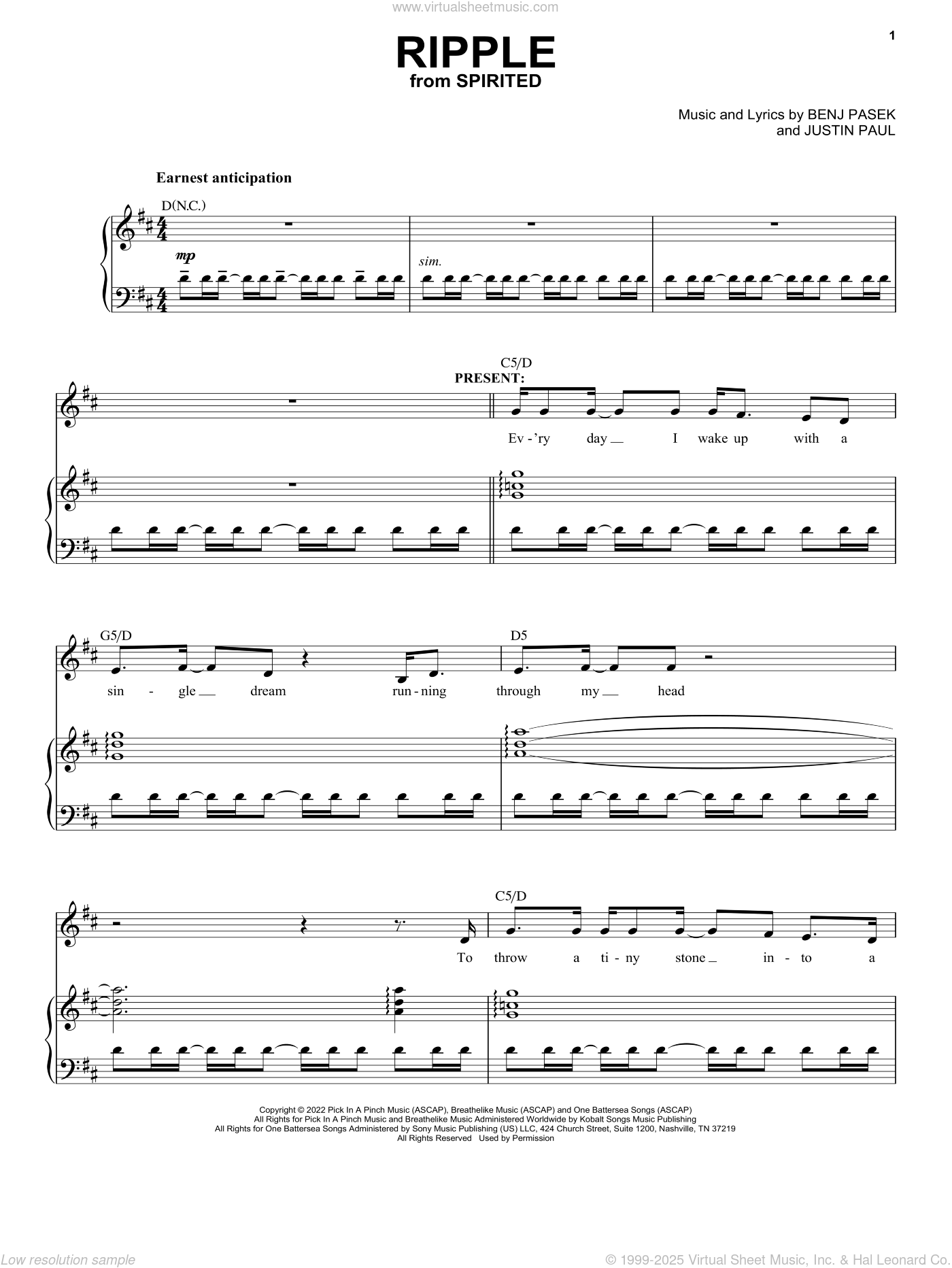 Ripple (Cut Song) (from Spirited) sheet music for voice and piano