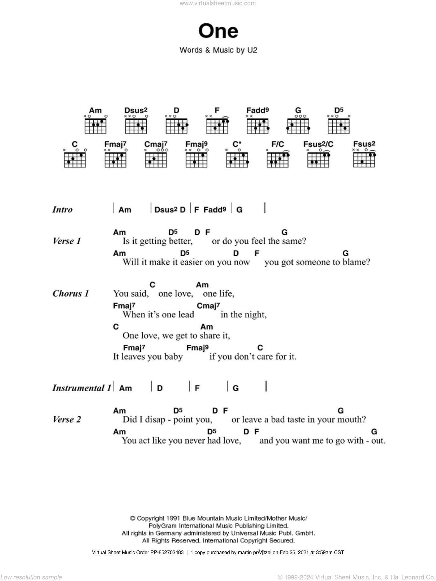 One sheet music for guitar (chords) (PDF)