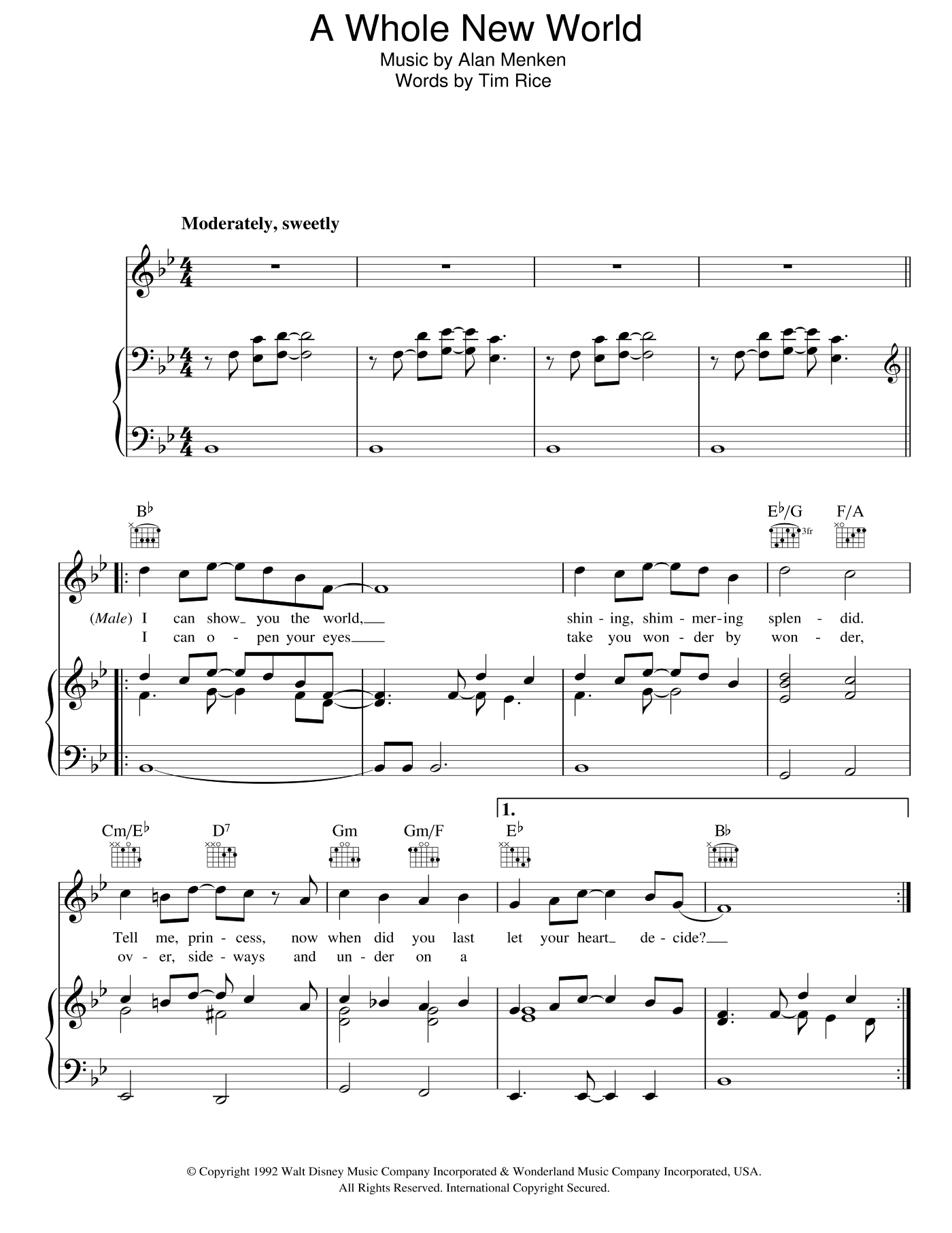 Belle A Whole New World From Aladdin Sheet Music For Voice Piano Or Guitar