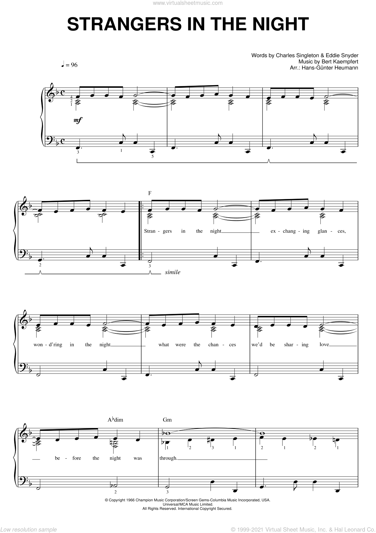 Strangers in the night easy Sheet music for Piano (Solo