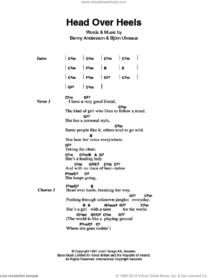 Head Over Heels sheet music for guitar (chords) (PDF)