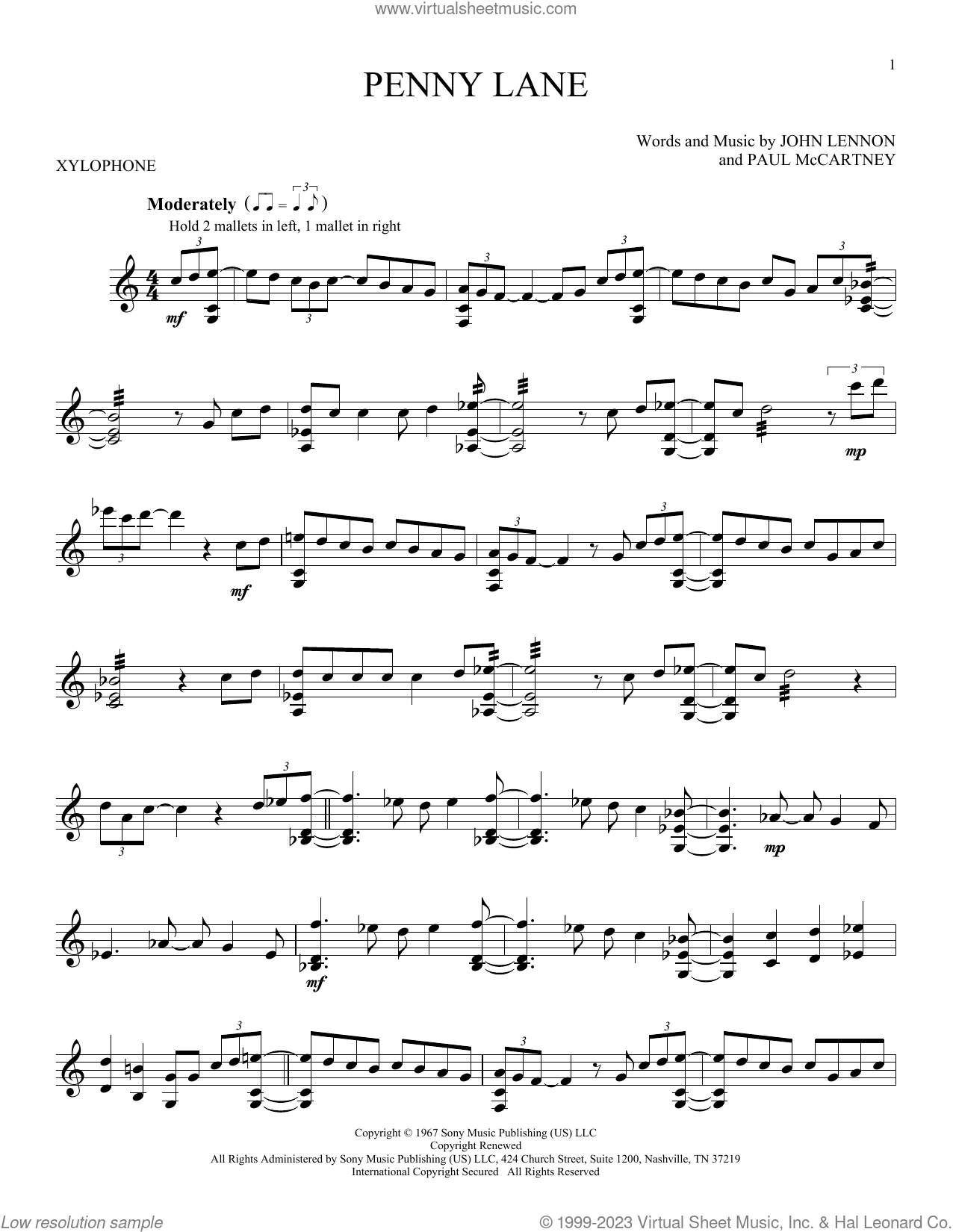 Penny Lane sheet music for Xylophone Solo (xilofone, xilofono, silofono)
