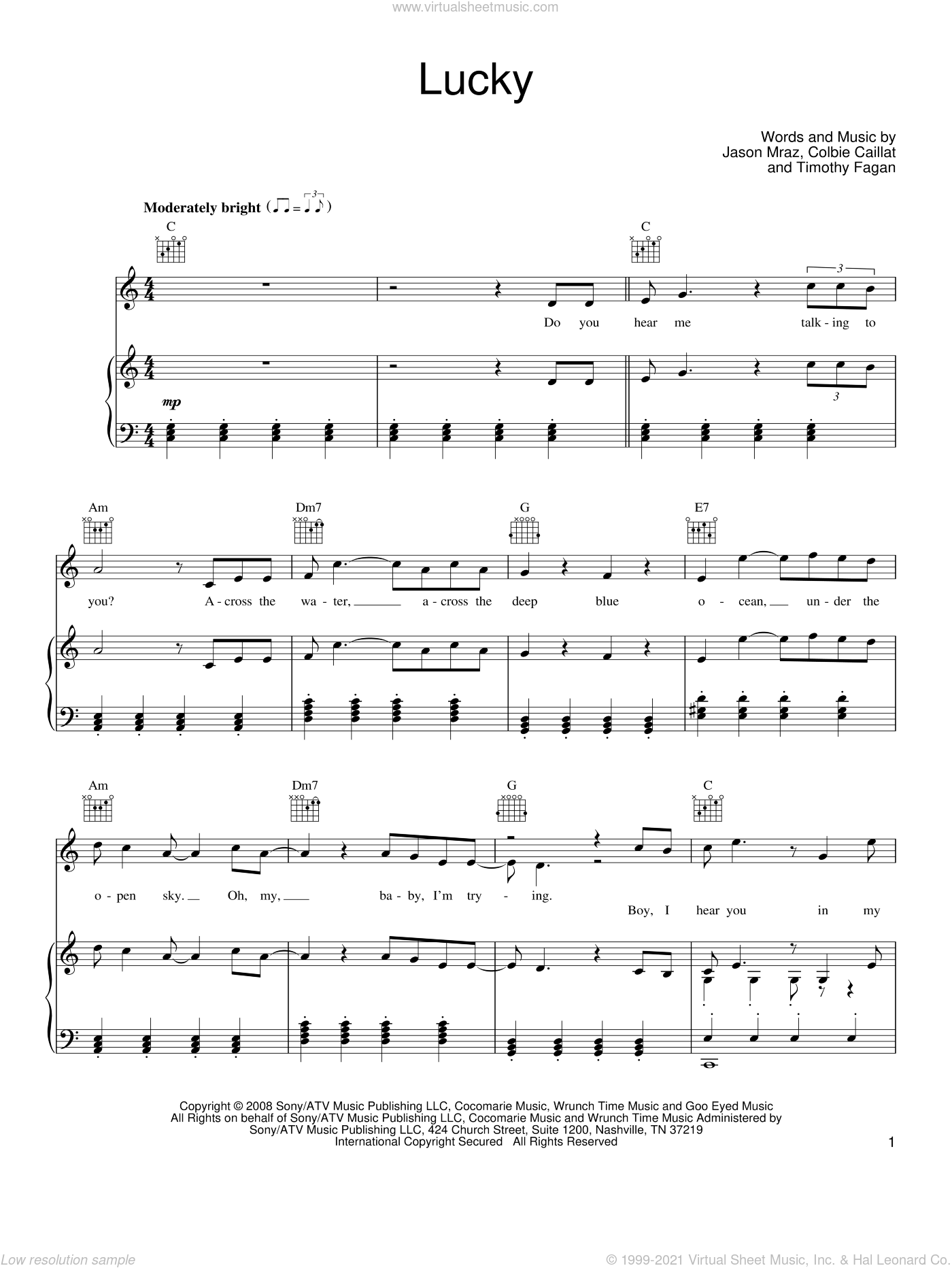 Weerkaatsing optocht video Jason Mraz & Colbie Caillat: Lucky sheet music for voice, piano or guitar