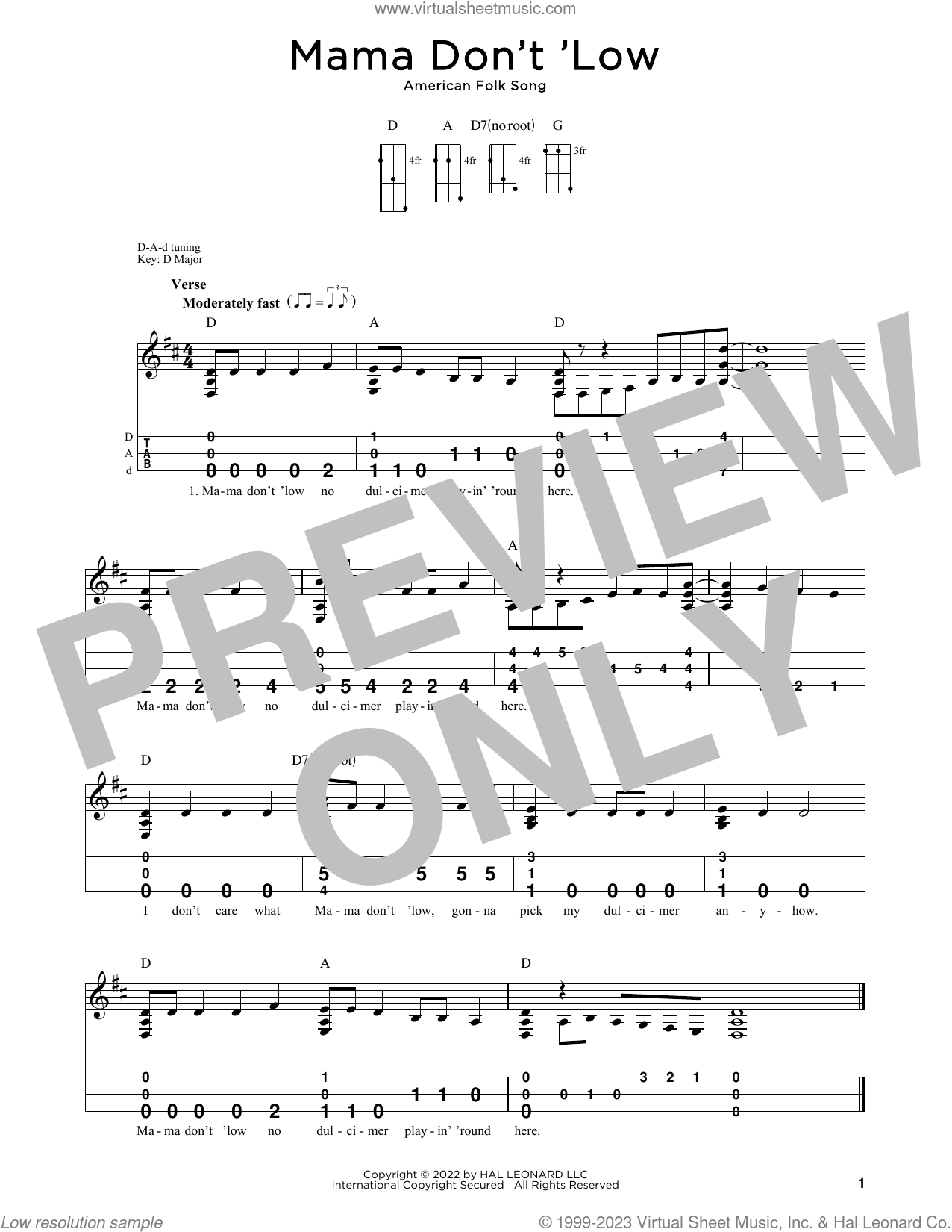 Mama Don't 'Low sheet music for dulcimer solo (PDF)