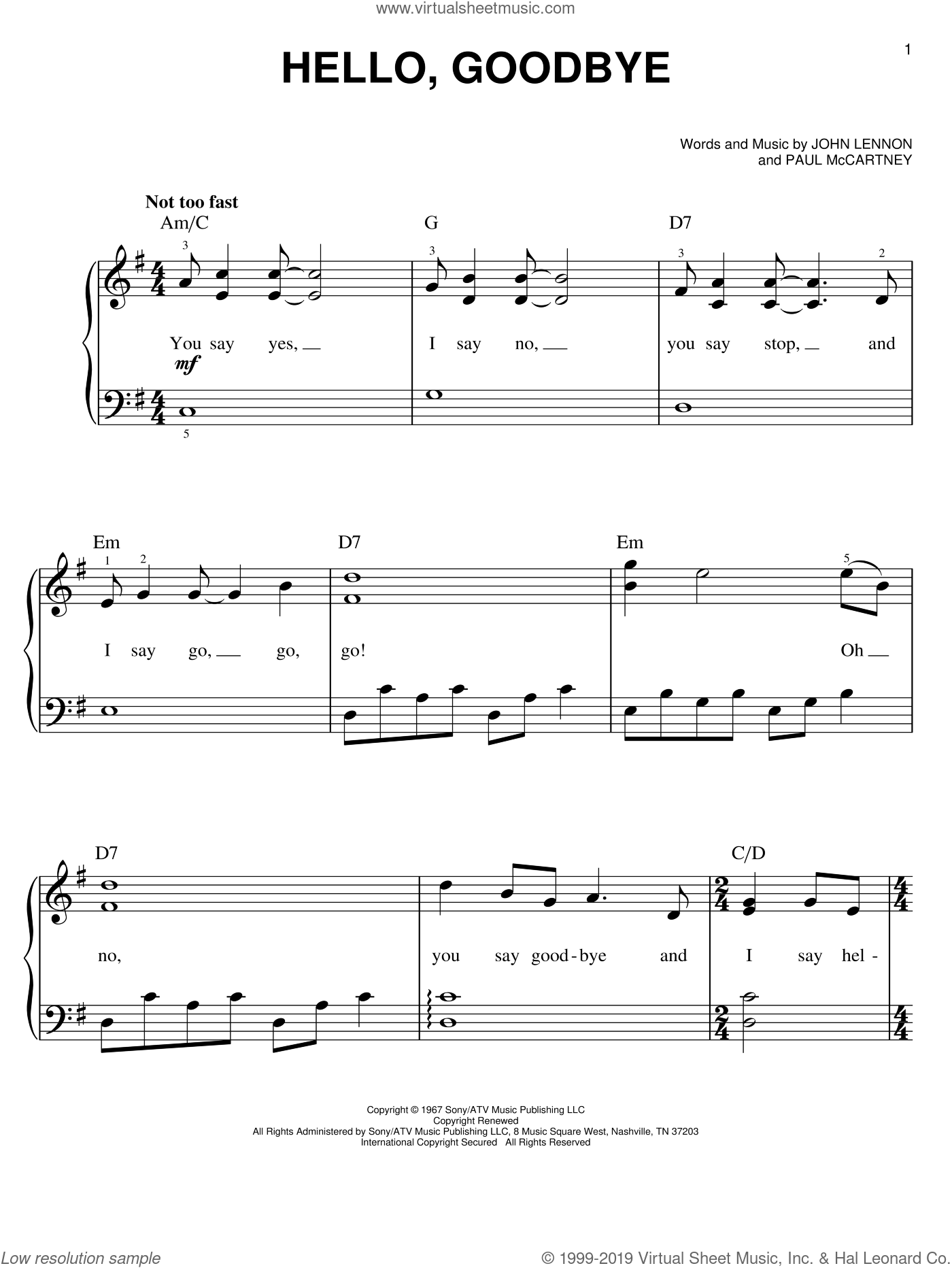 Beatles Hello Goodbye Easy Sheet Music For Piano Solo Pdf