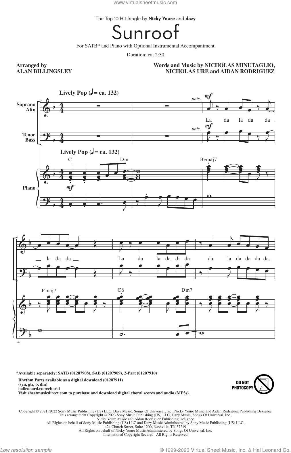 Sunroof (arr. Alan Billingsley) sheet music for choir (SATB soprano