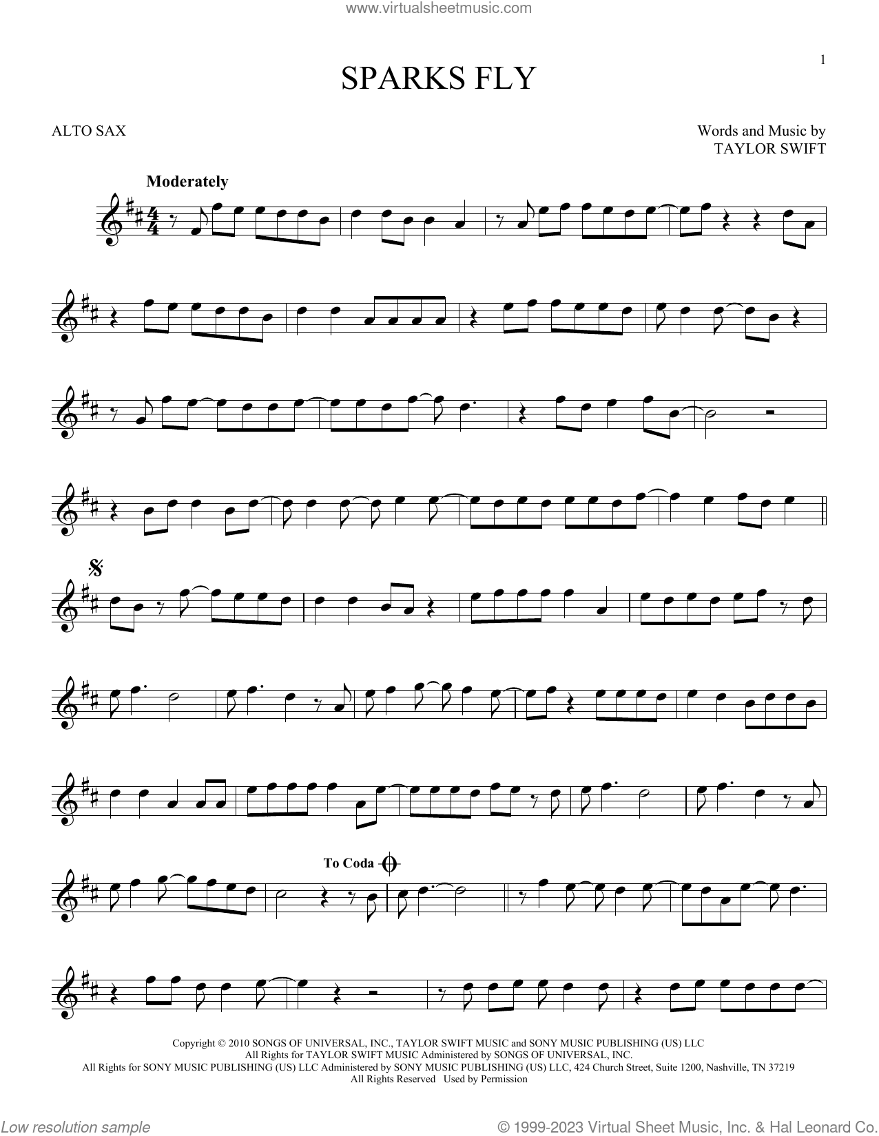 Sparks Fly sheet music for alto saxophone solo (PDF-interactive)
