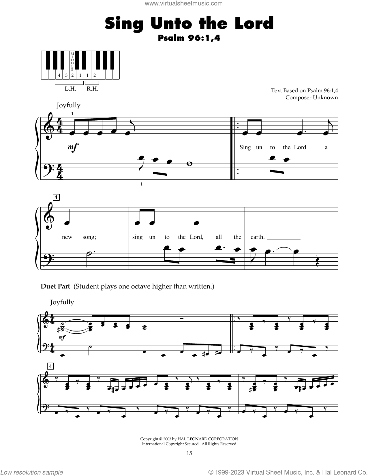 Sing Unto The Lord sheet music for piano solo (5-fingers) (PDF)