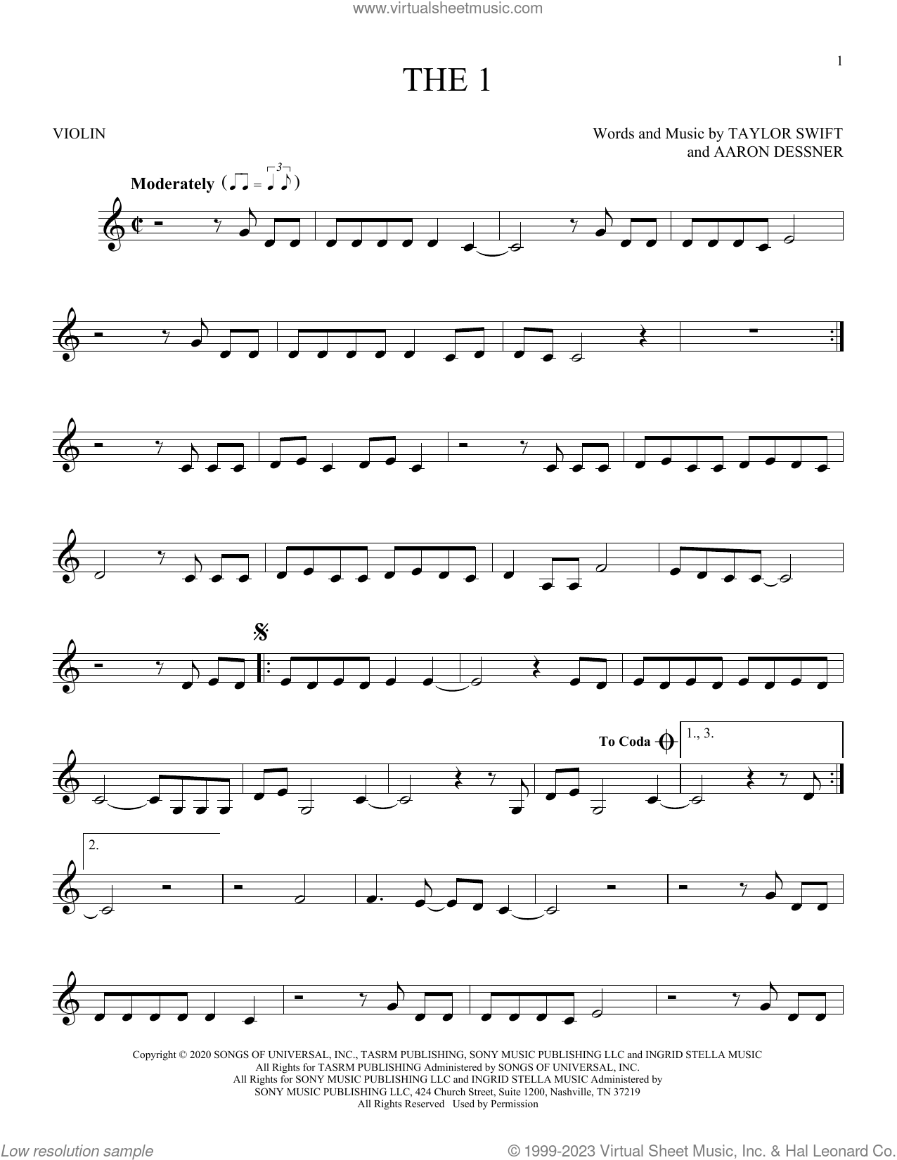 the 1 sheet music for violin solo (PDF-interactive)