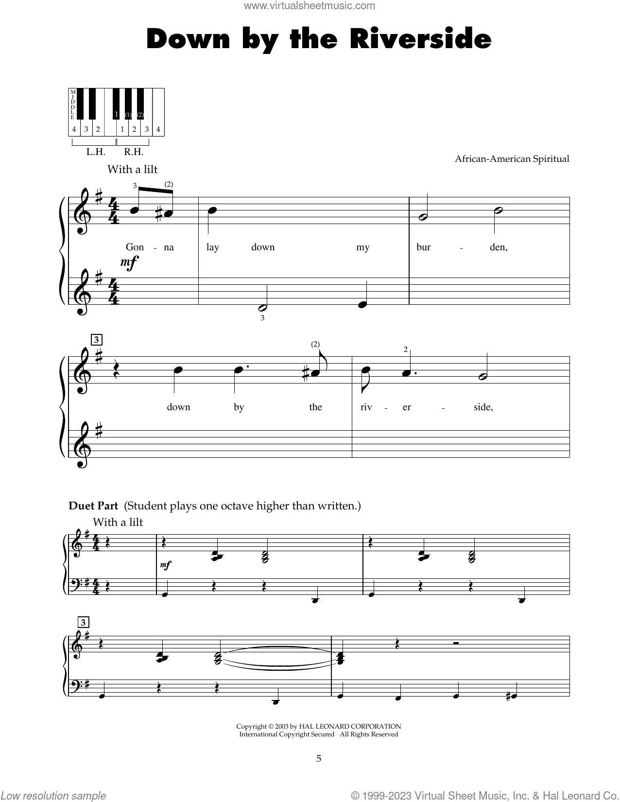 Down By The Riverside sheet music (beginner) for piano solo (5-fingers)