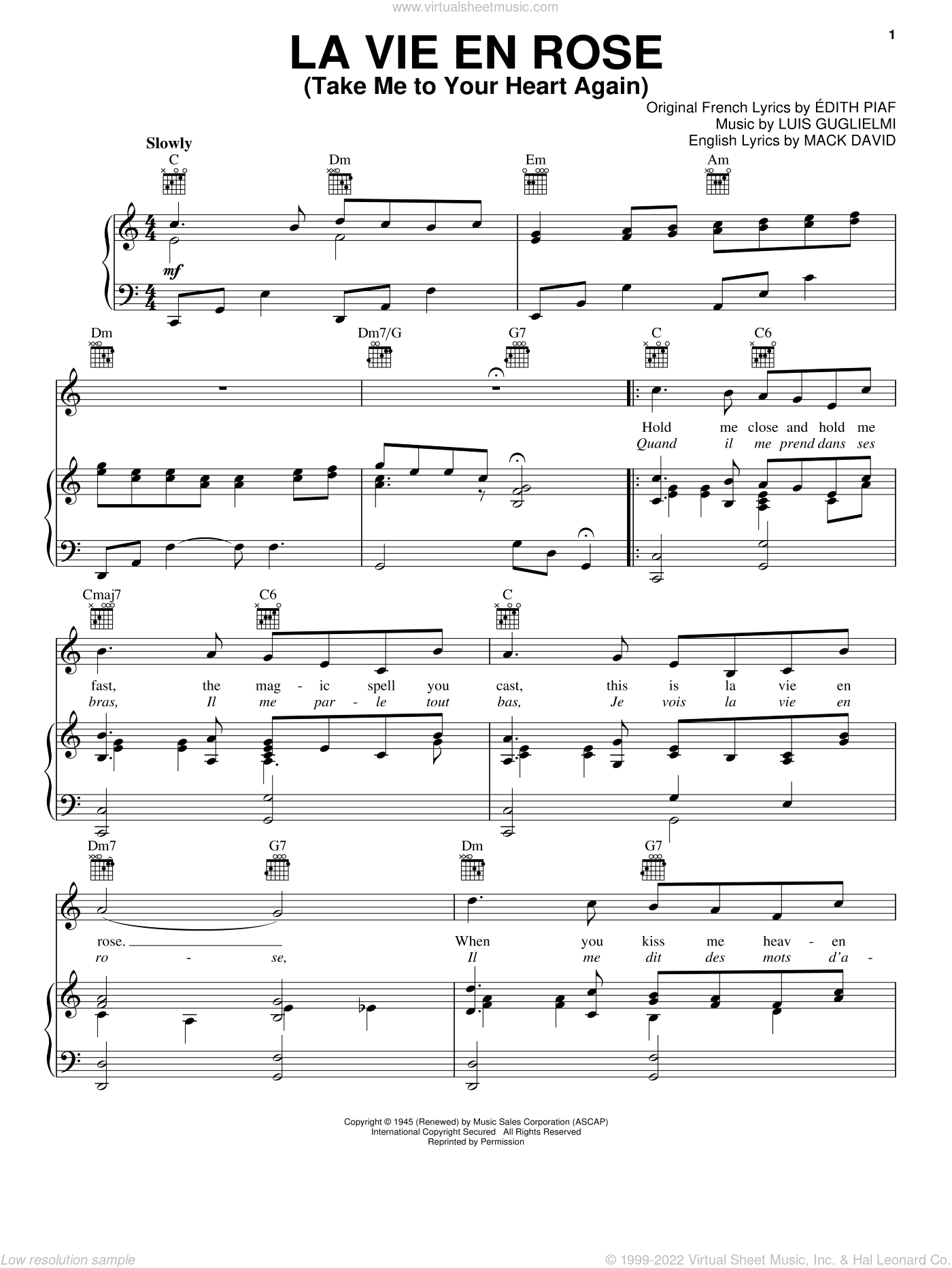 La Vie En Rose (Take Me To Your Heart Again) sheet music for voice, piano  or guitar