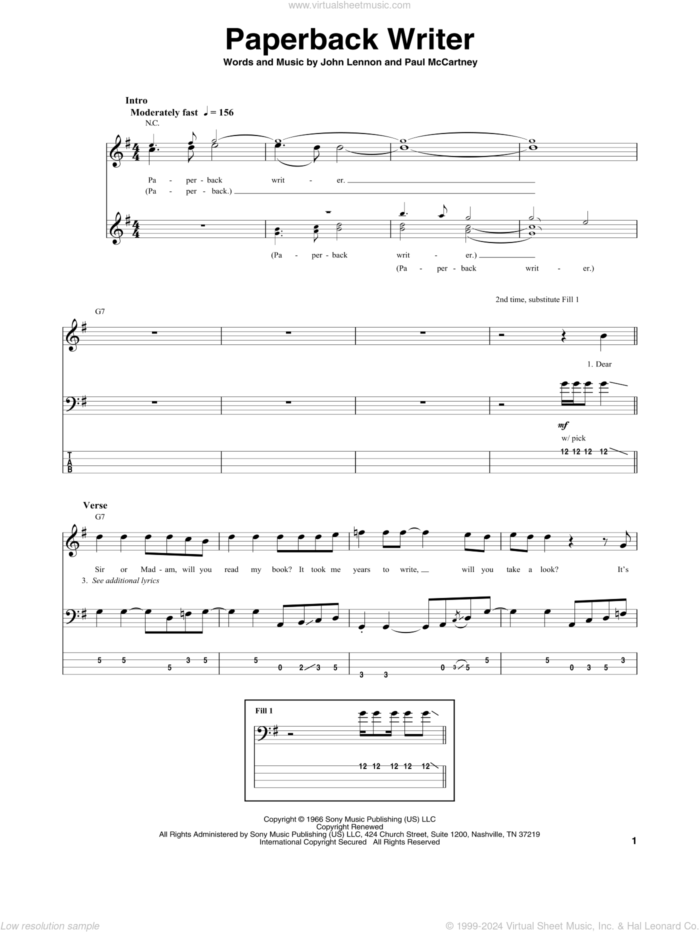Paperback Writer sheet music for bass (tablature) (bass guitar)