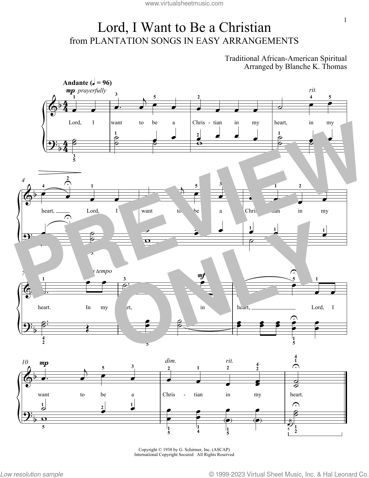 Lord, I Want To Be A Christian sheet music for piano solo (PDF)