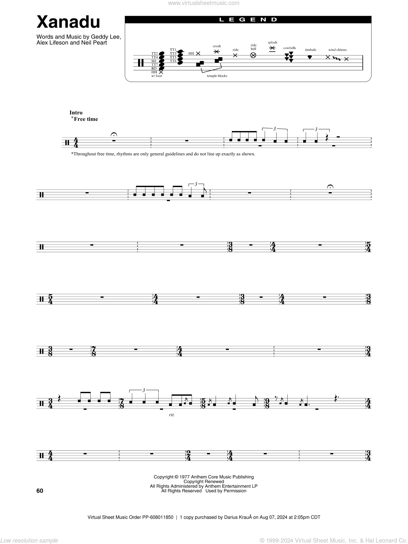 Xanadu sheet music for drums (PDF)