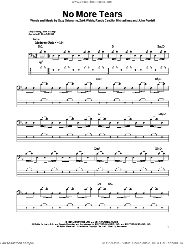 osbourne no more tears sheet music for bass tablature bass guitar tears tab