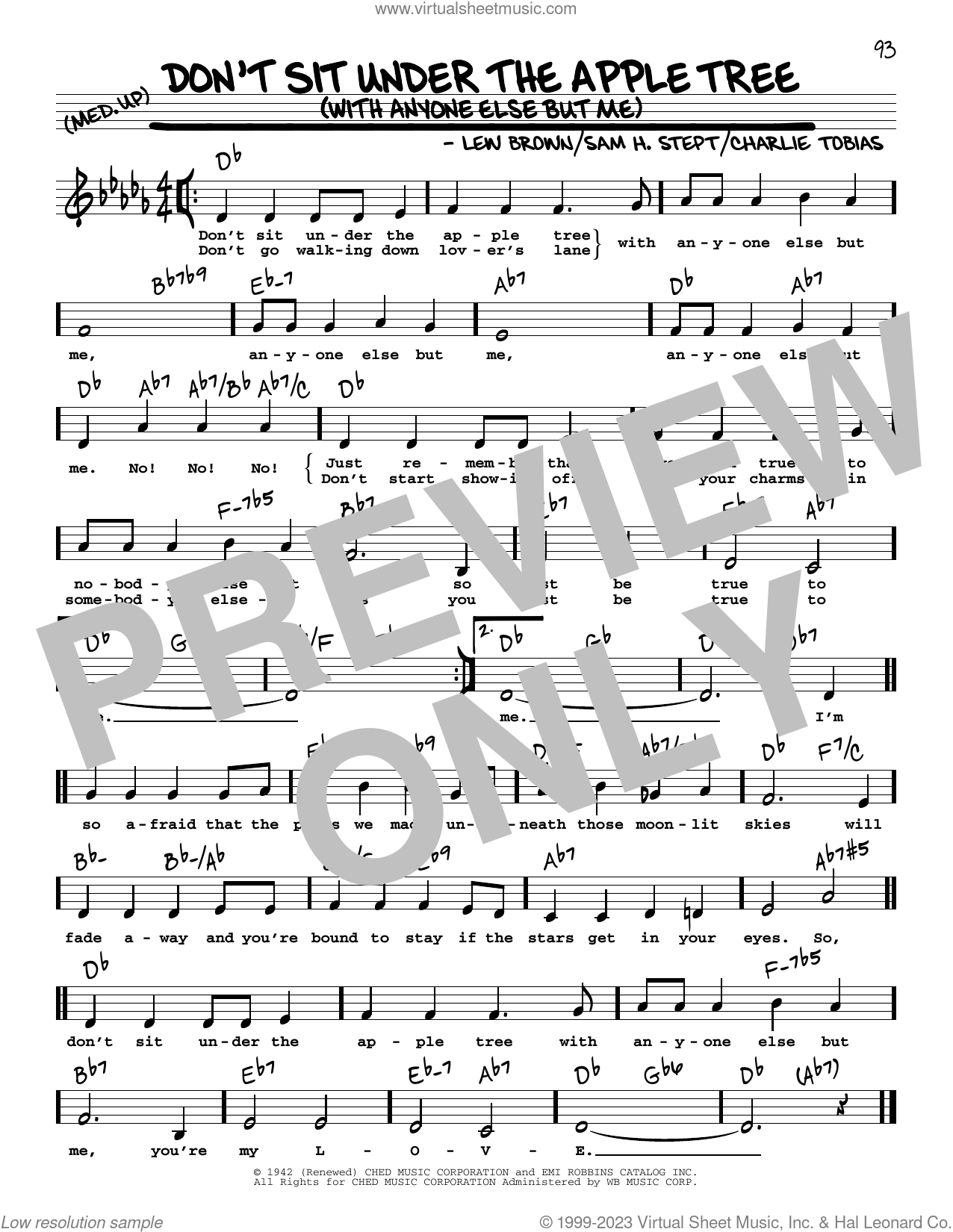 Dont Sit Under The Apple Tree With Anyone Else But Me Low Voice Sheet Music Low Voice 3058