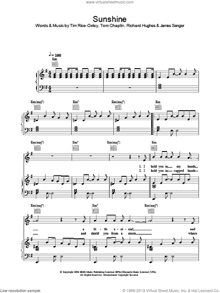 Sunshine sheet music for voice, piano or guitar (PDF) v2