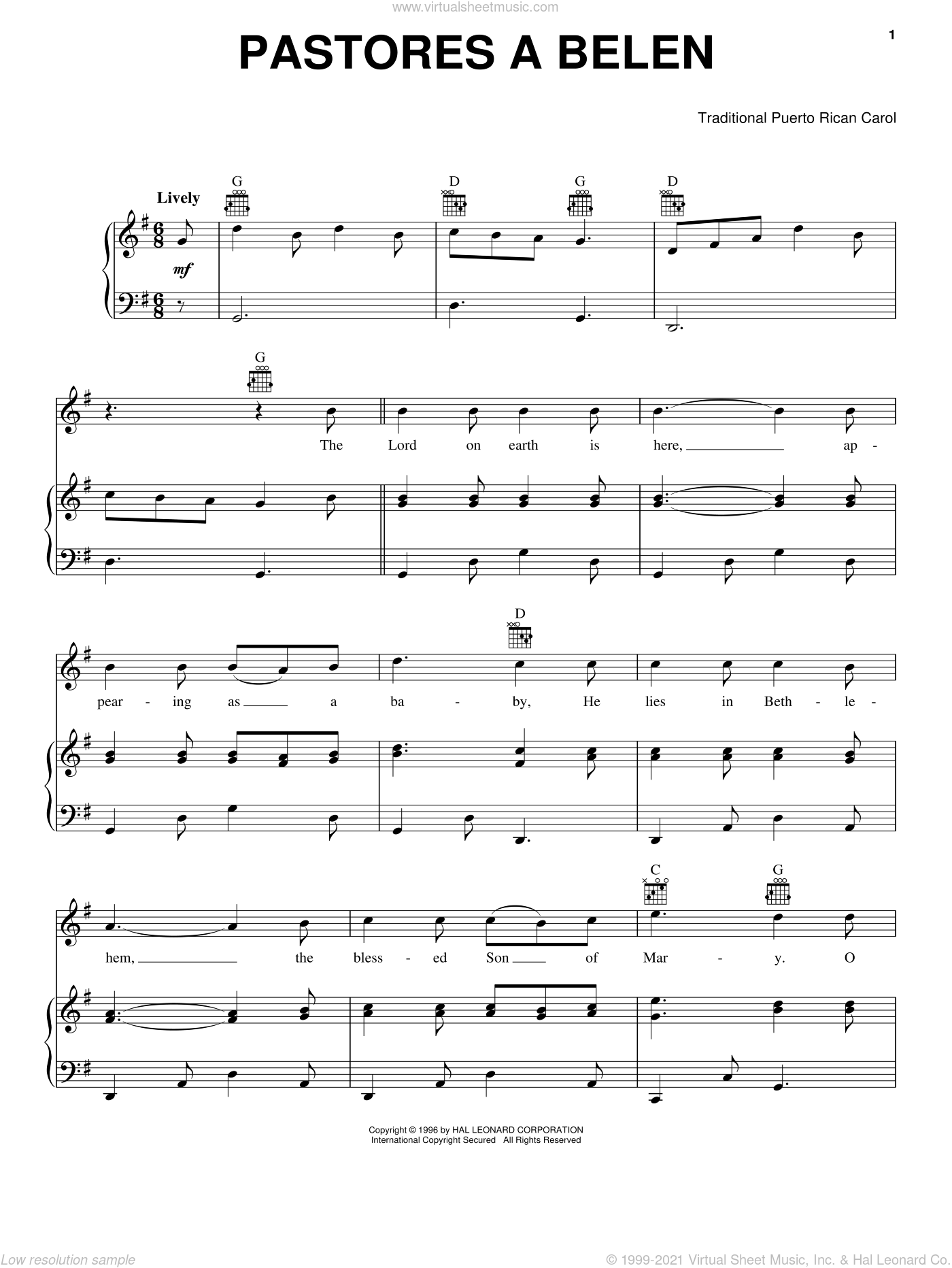 Pastores a Belen sheet music for voice, piano or guitar (PDF)