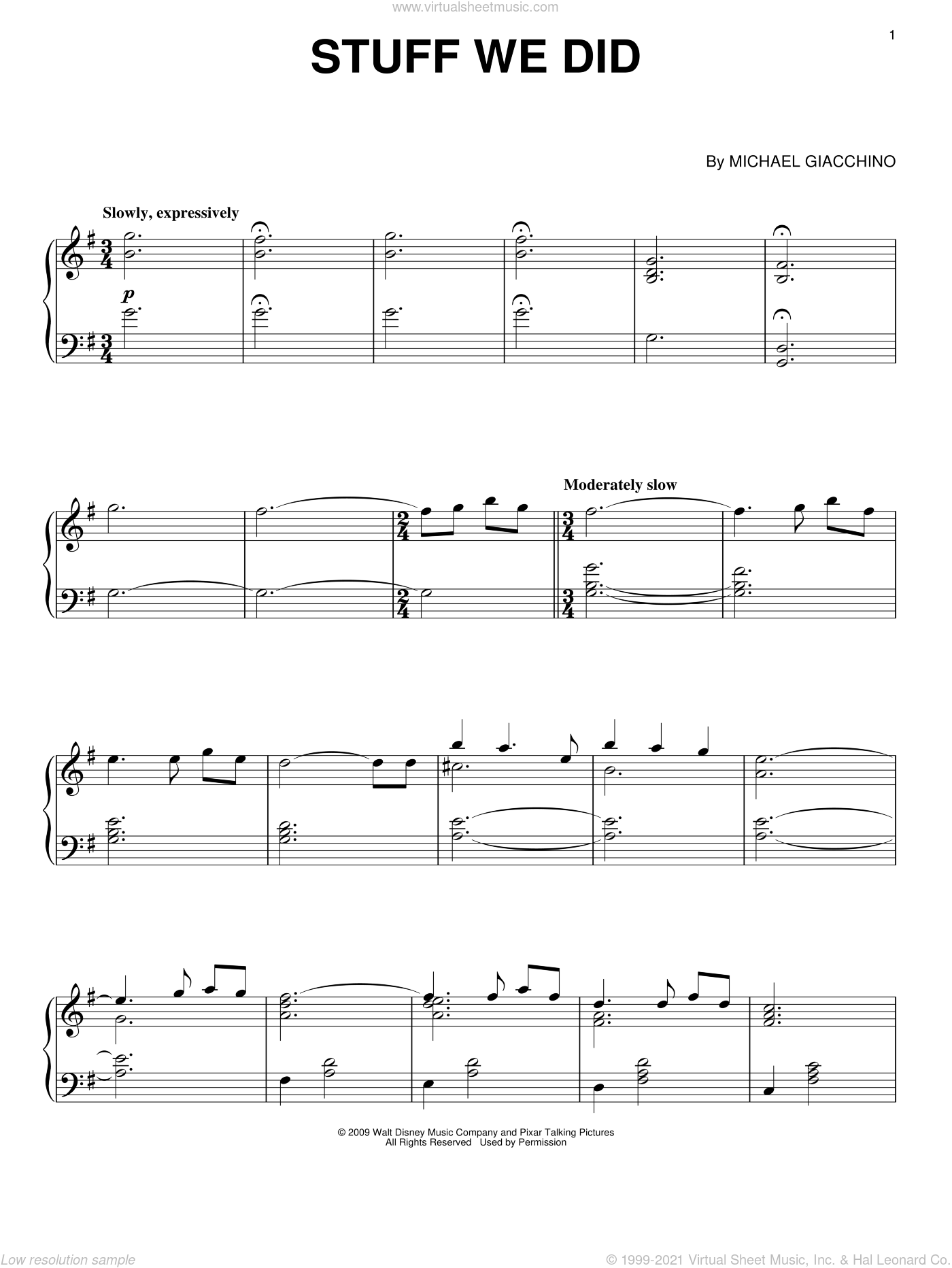 Giacchino Stuff We Did From Up Sheet Music Intermediate For Piano Solo