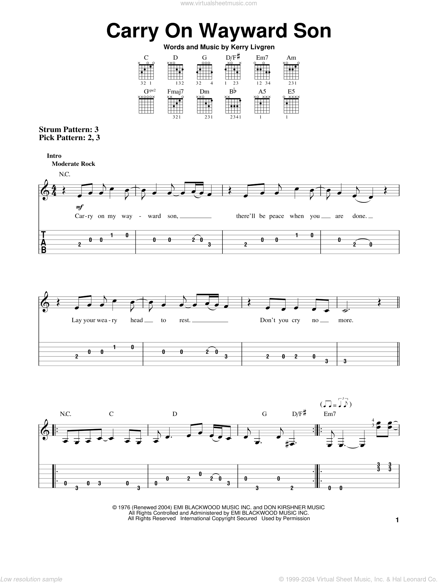 Carry On Wayward Son sheet music (easy) for guitar solo (easy tablature)