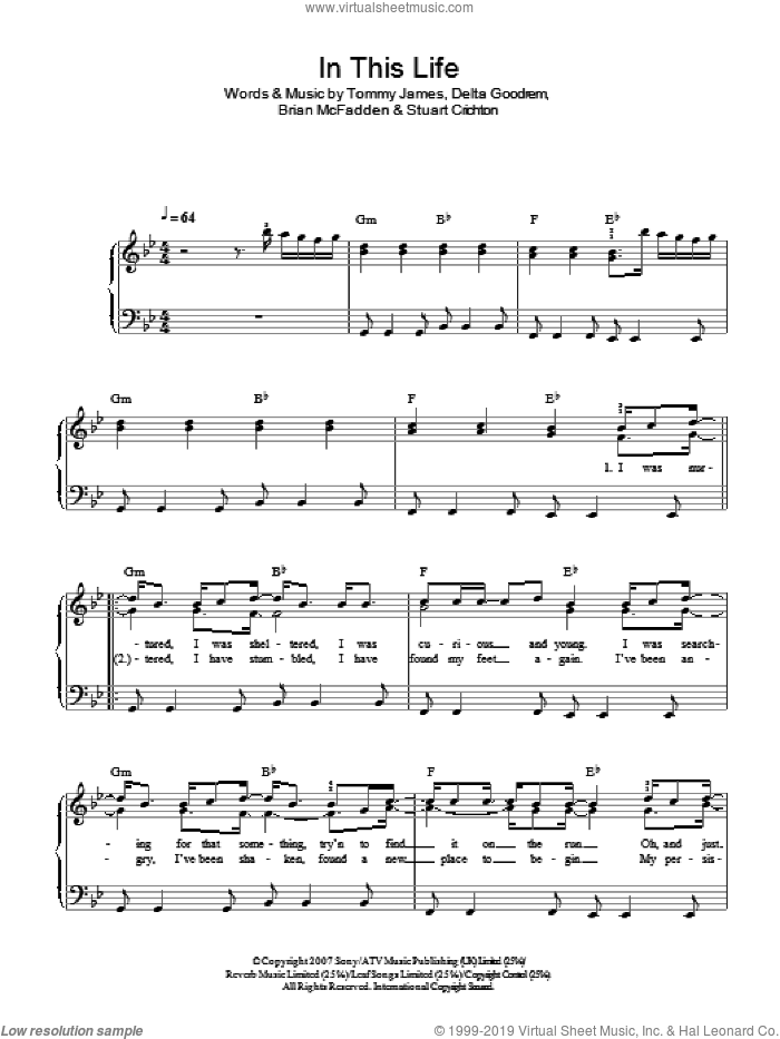 In This Life sheet music for piano solo (PDF)