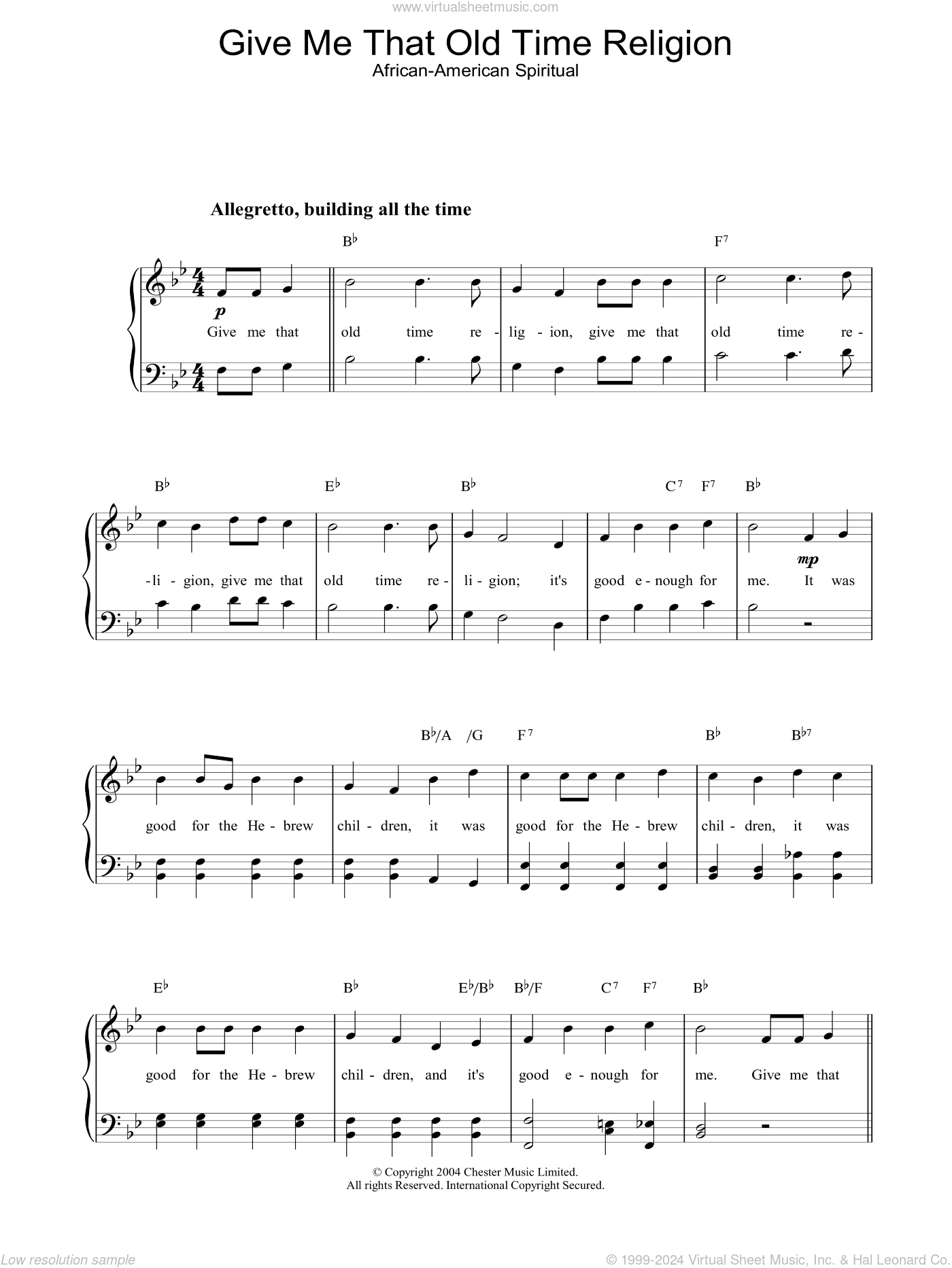 Give Me That Old Time Religion sheet music (easy version 2) for piano solo