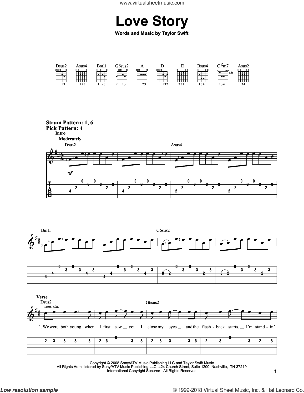 Swift - Love Story sheet music for guitar solo (easy tablature) .