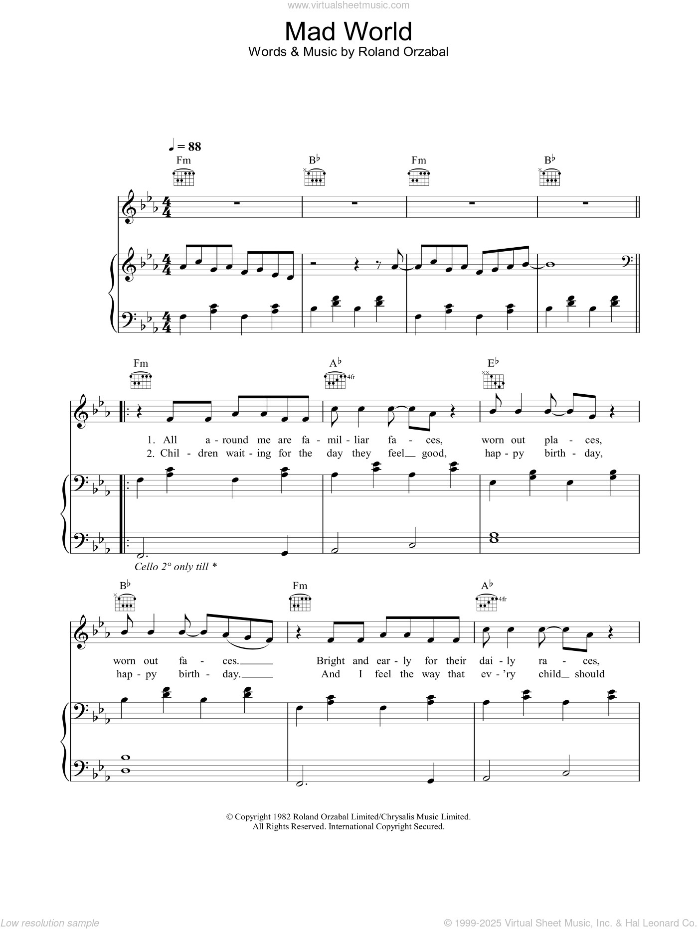 Mad world - Gary Jules Sheet music for Piano, Cello (Solo)