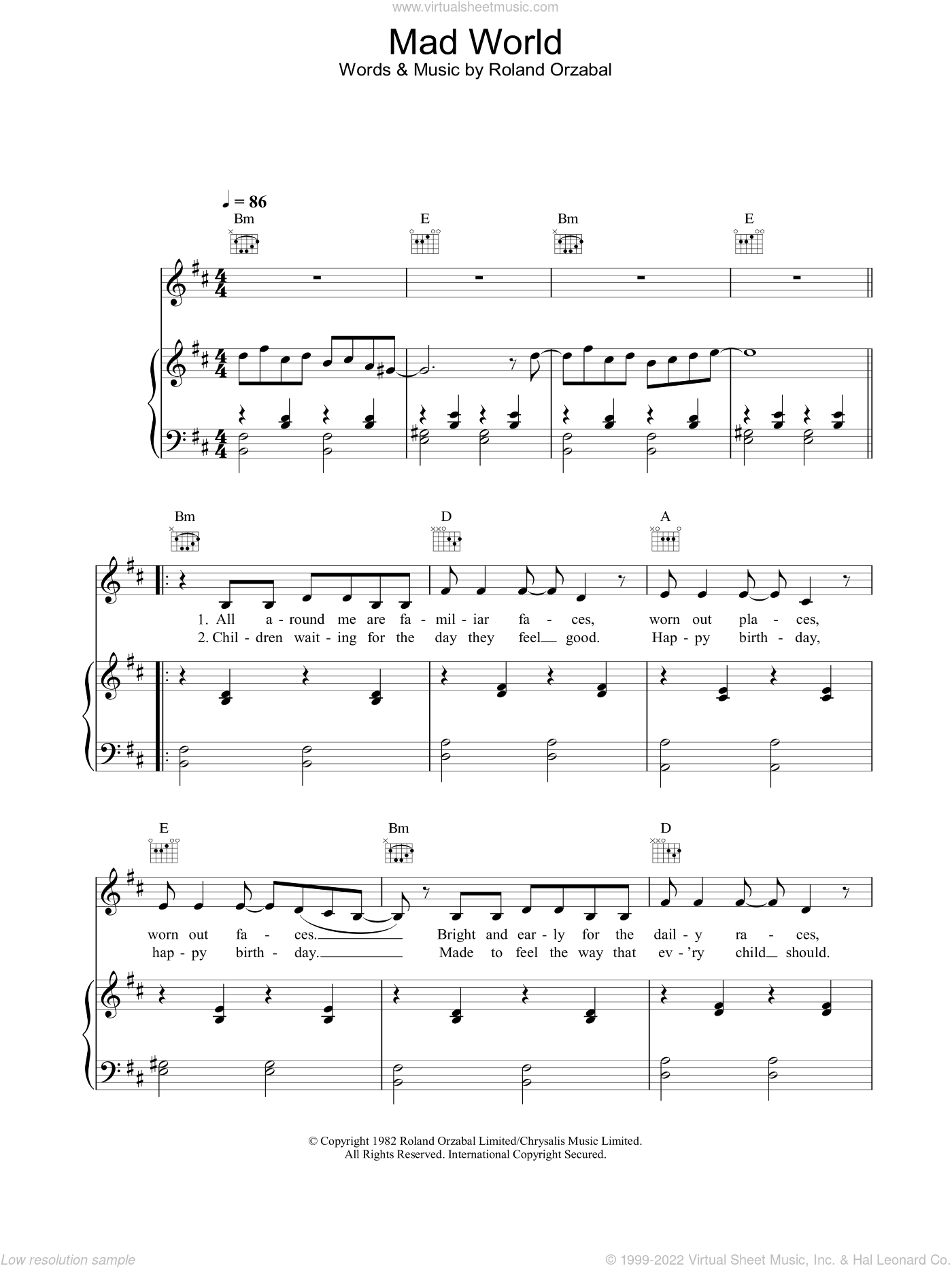 Mad World Sheet Music | Gary Jules | Piano Chords/Lyrics