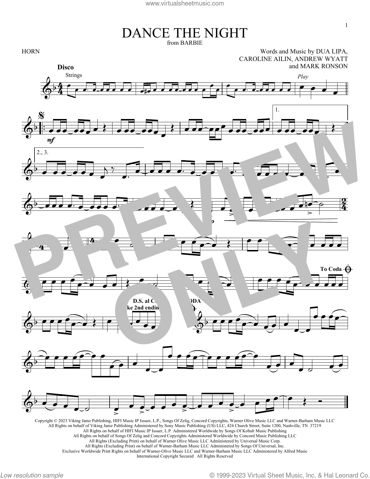 Dance The Night (from Barbie) sheet music for horn solo (PDF)