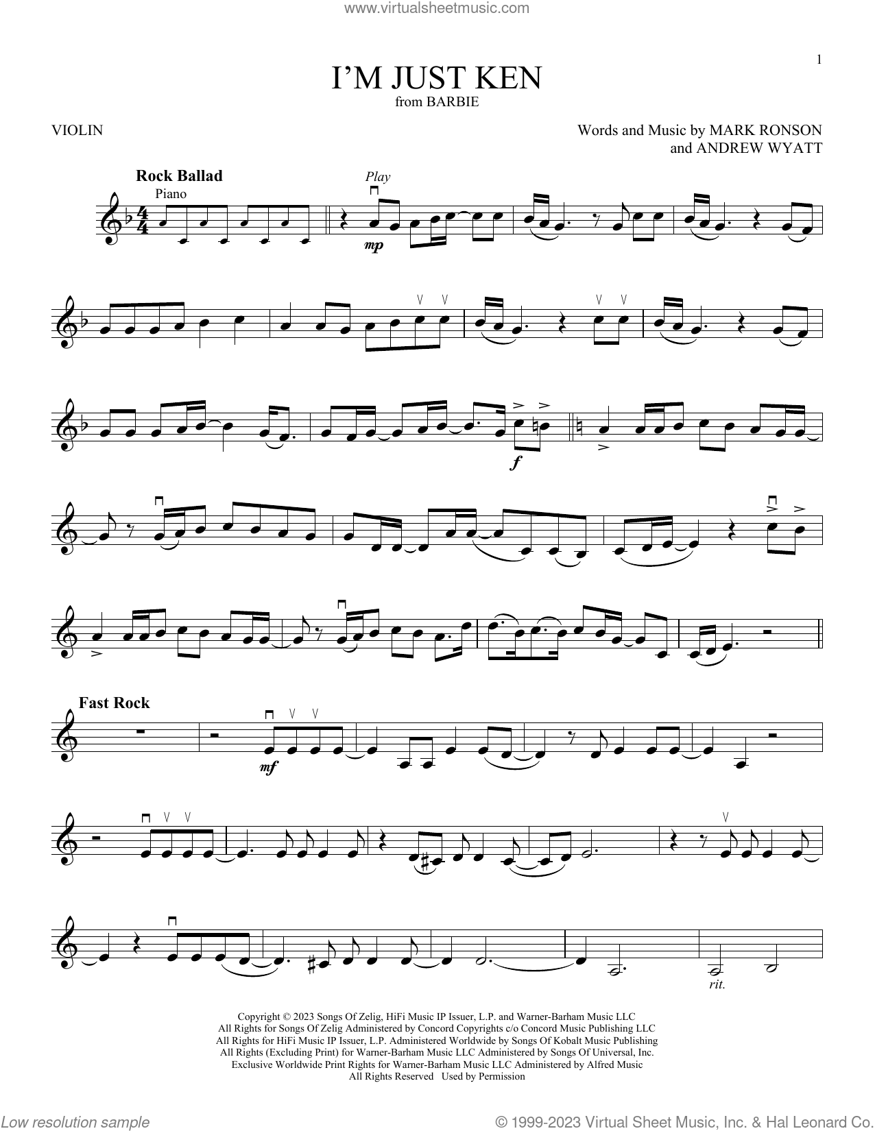 I'm Just Ken (from Barbie) sheet music for violin solo (PDF)