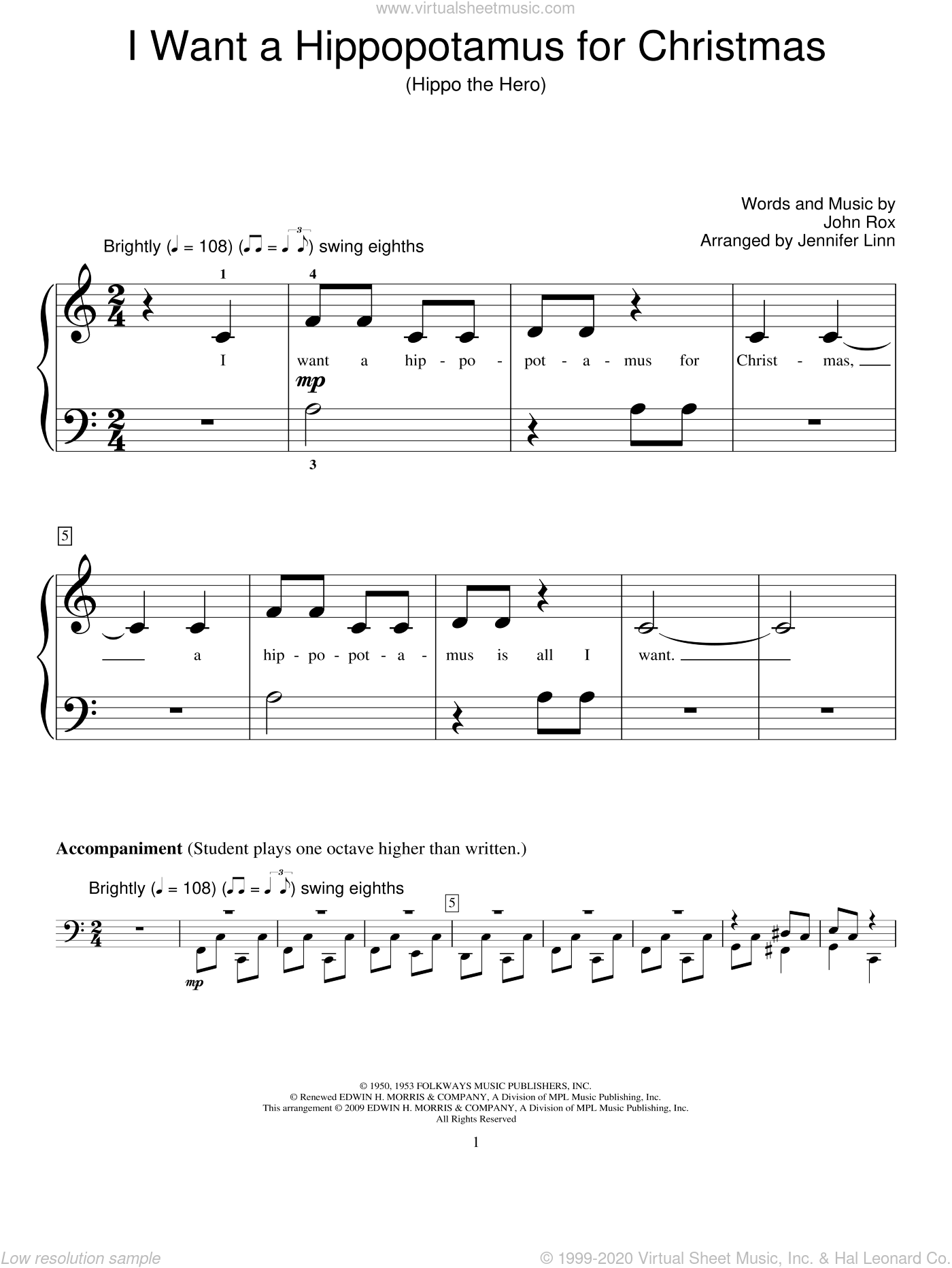 Rox - I Want A Hippopotamus For Christmas (Hippo The Hero) sheet music for piano solo (elementary)