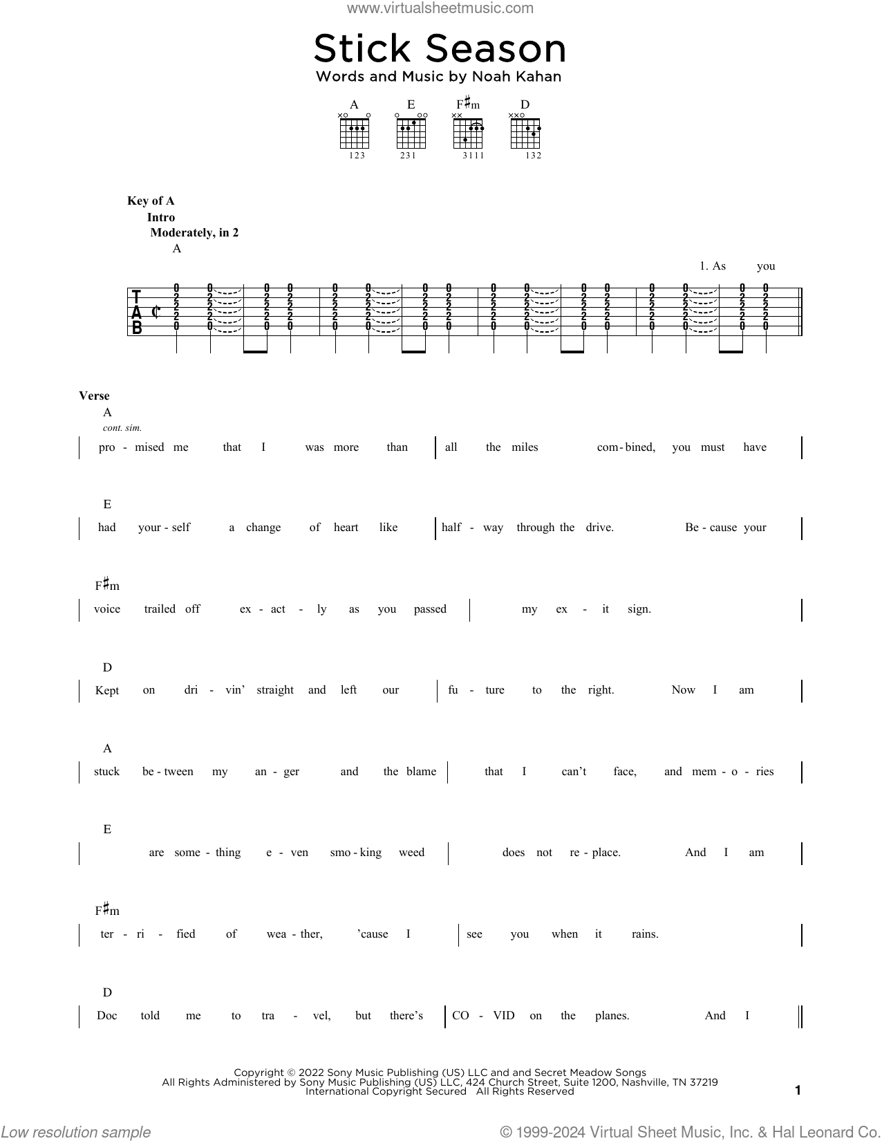 Stick Season sheet music for guitar solo (lead sheet) (PDF)