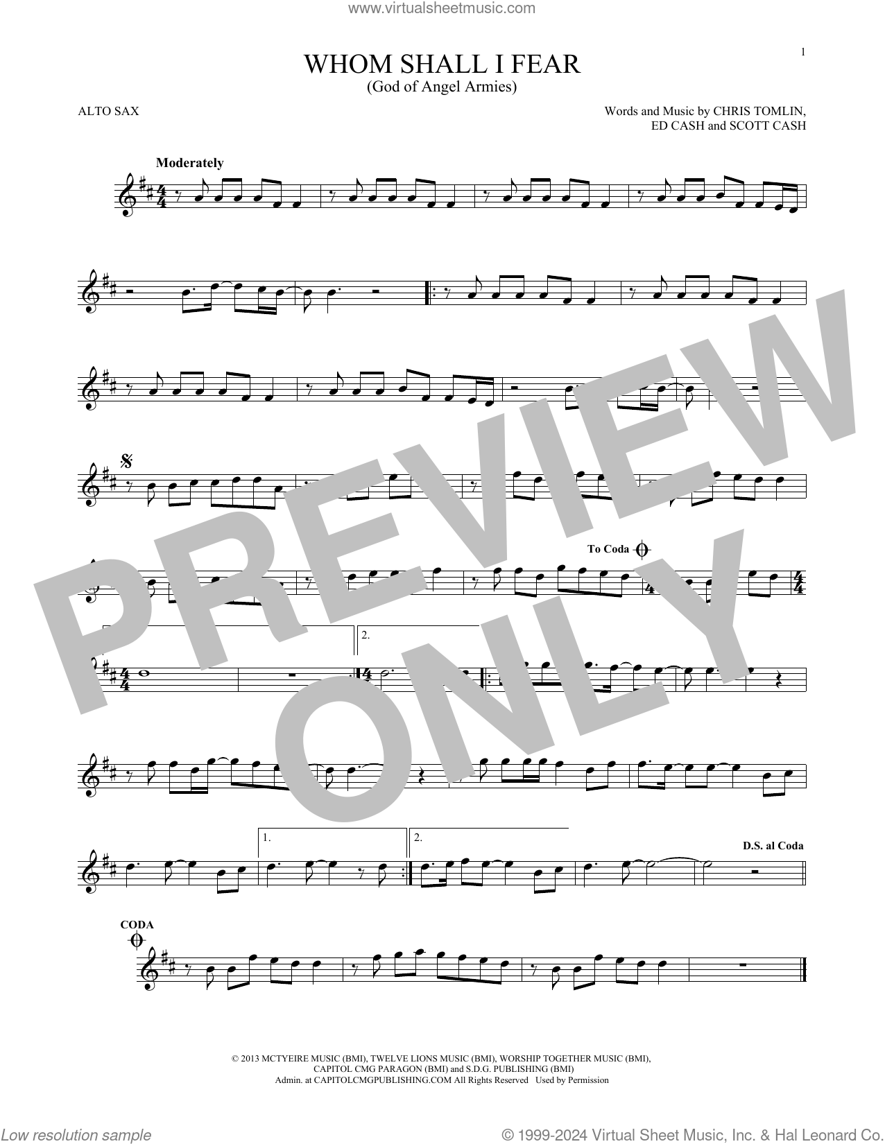 Whom Shall I Fear (God Of Angel Armies) sheet music for alto saxophone solo
