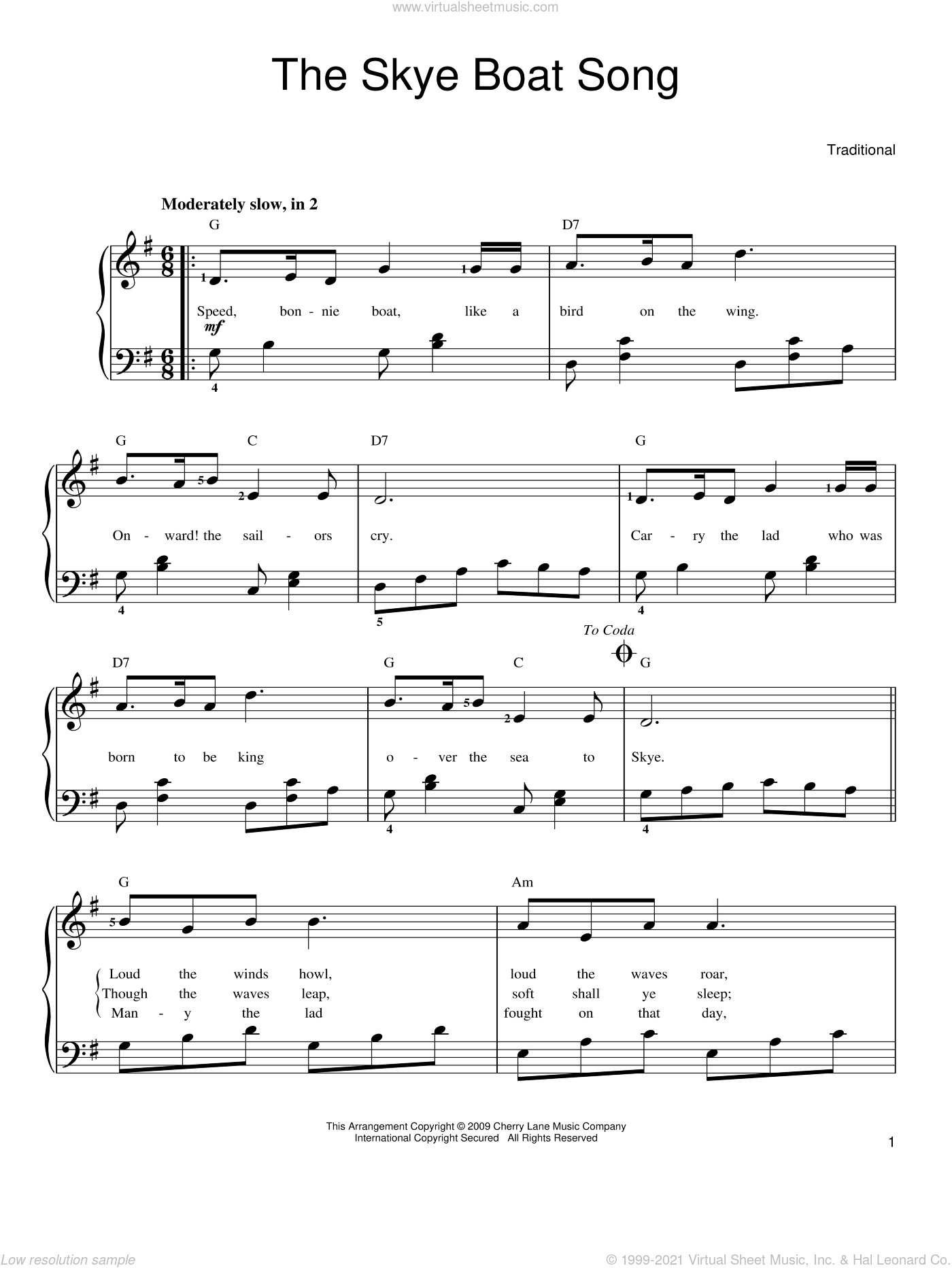 The Skye Boat Song (easy) sheet music for piano solo (PDF)