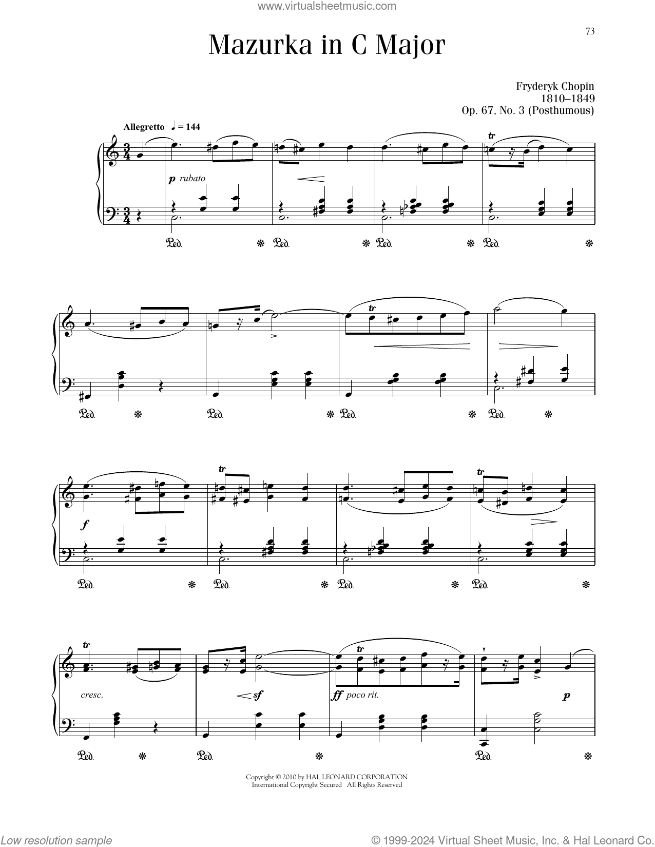 Mazurka, Op. 67, No. 3 sheet music for piano solo (PDF)