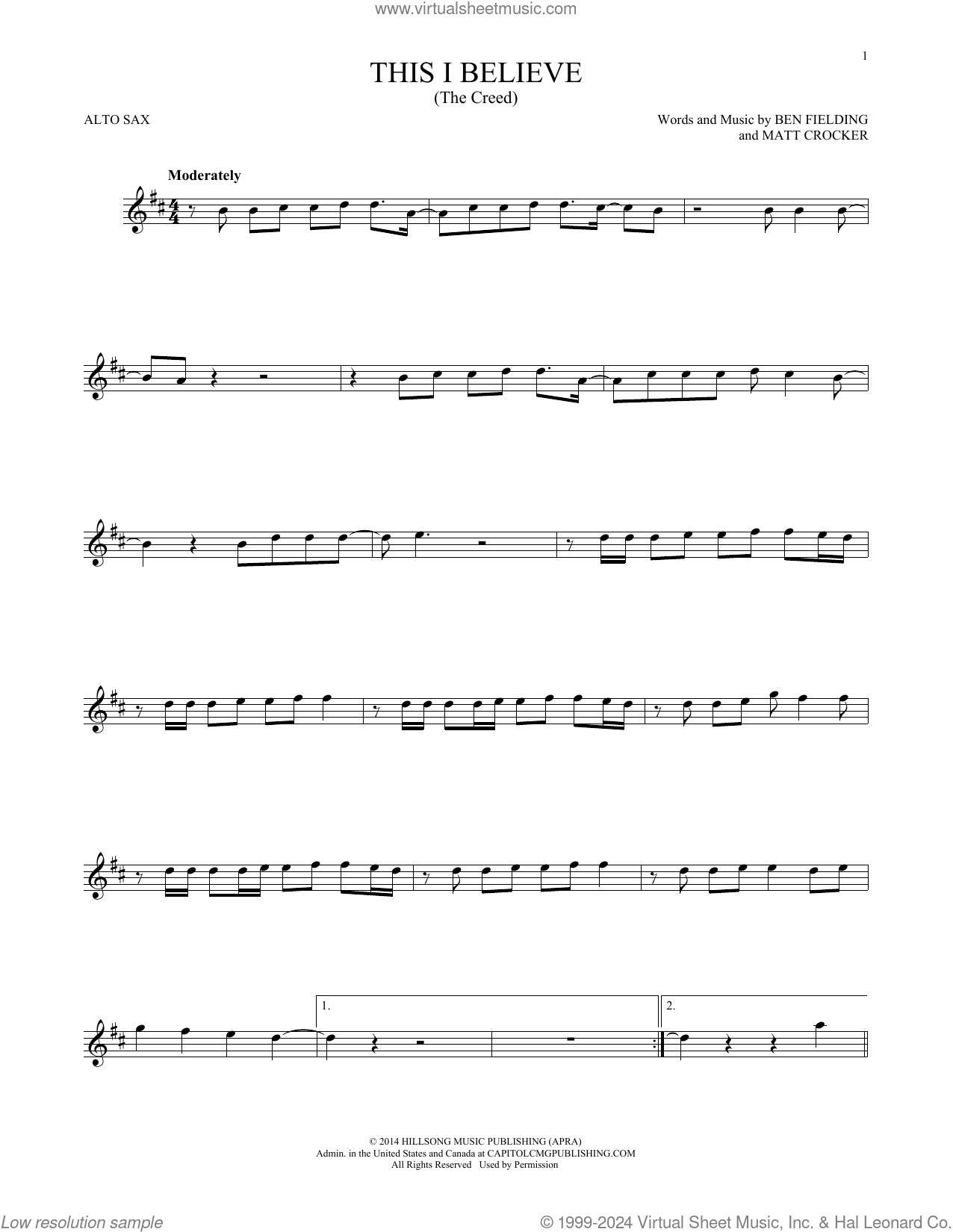 This I Believe (The Creed) sheet music for alto saxophone solo