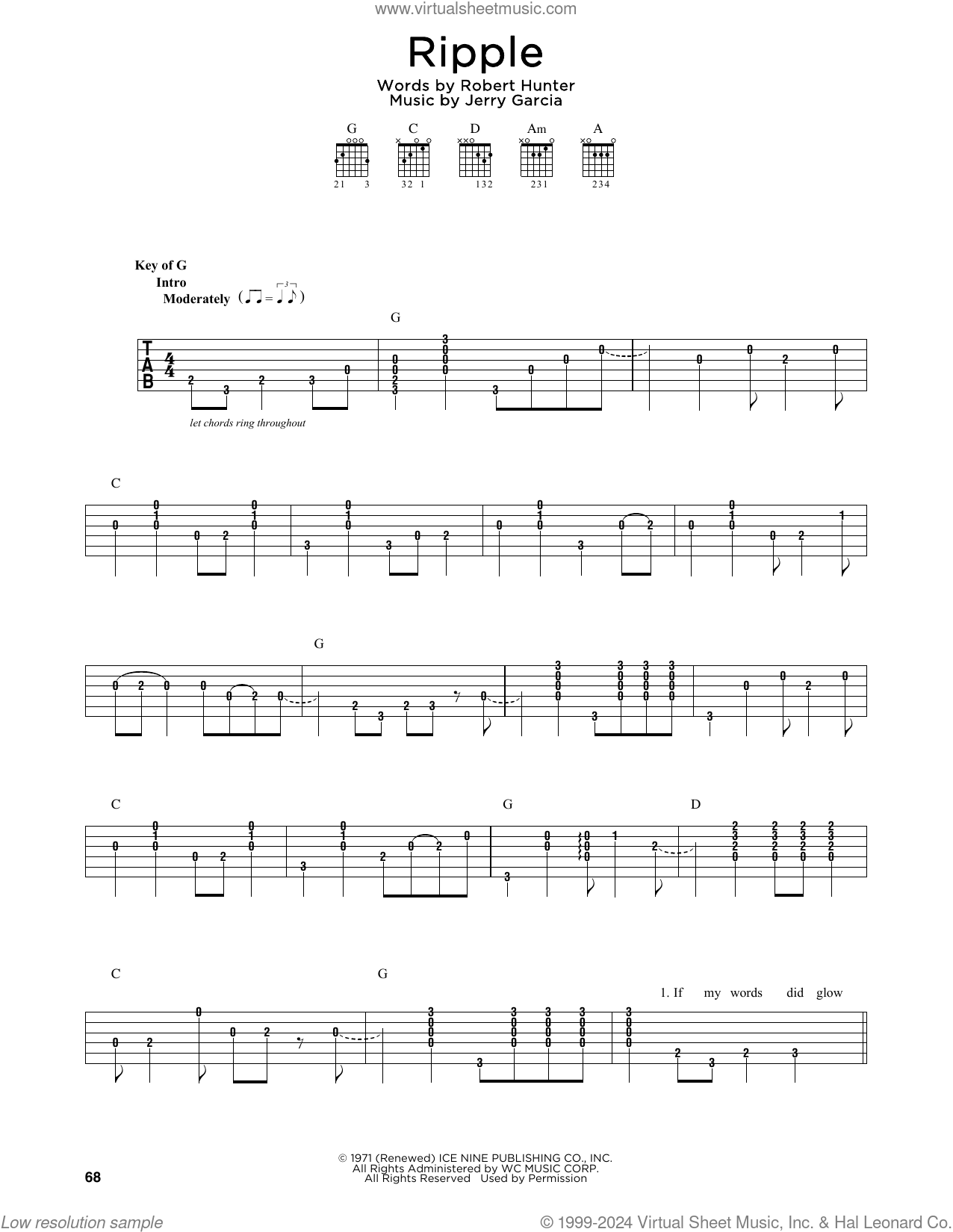 Ripple sheet music (intermediate version 2) for guitar solo (lead sheet)