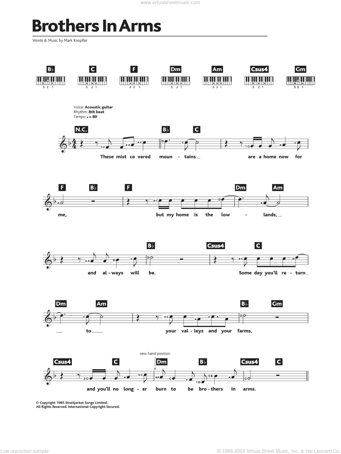 Straits Brothers In Arms Sheet Music For Piano Solo Chords Lyrics Melody