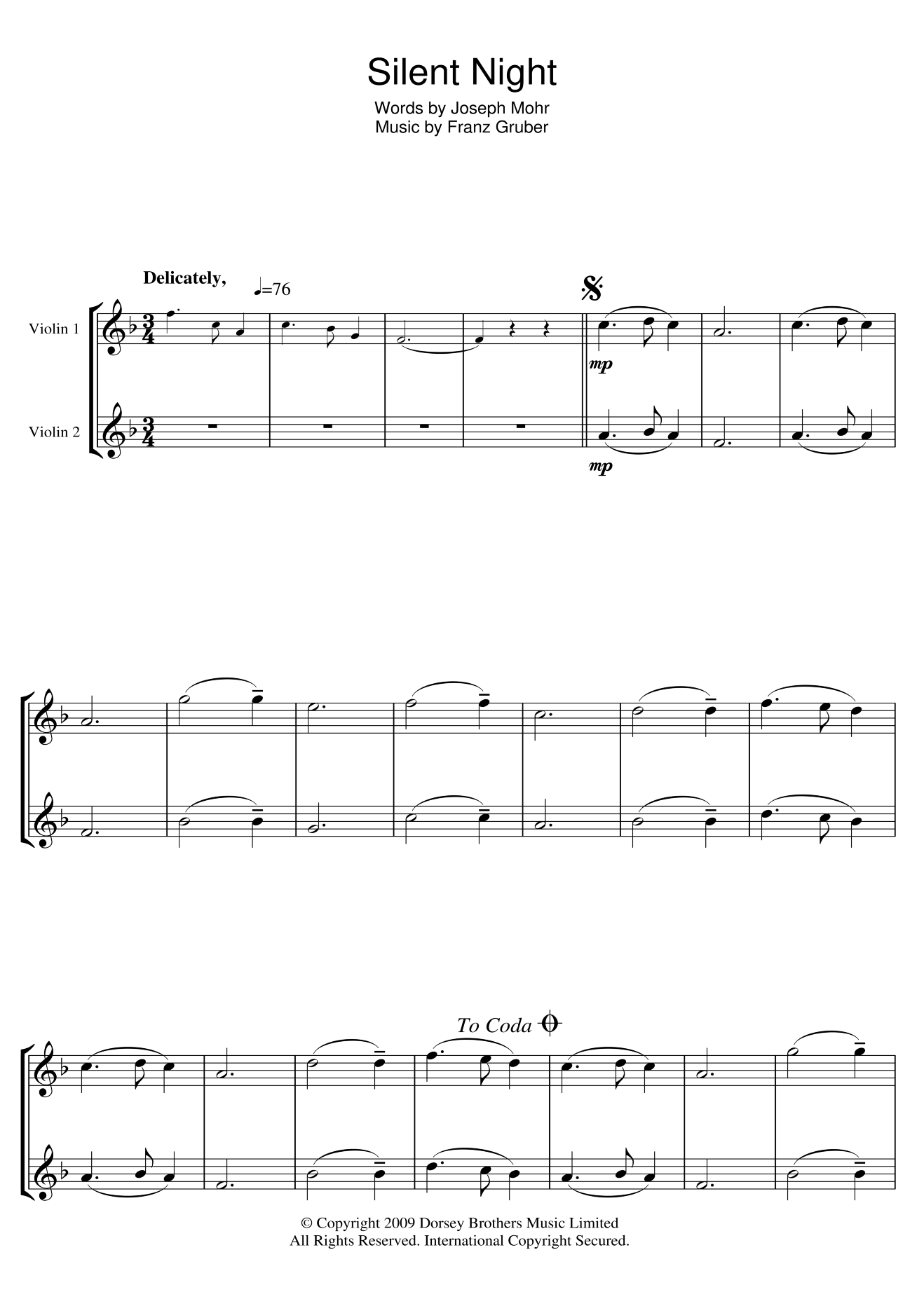 Silent Night sheet music for two violins (duets, violin duets)