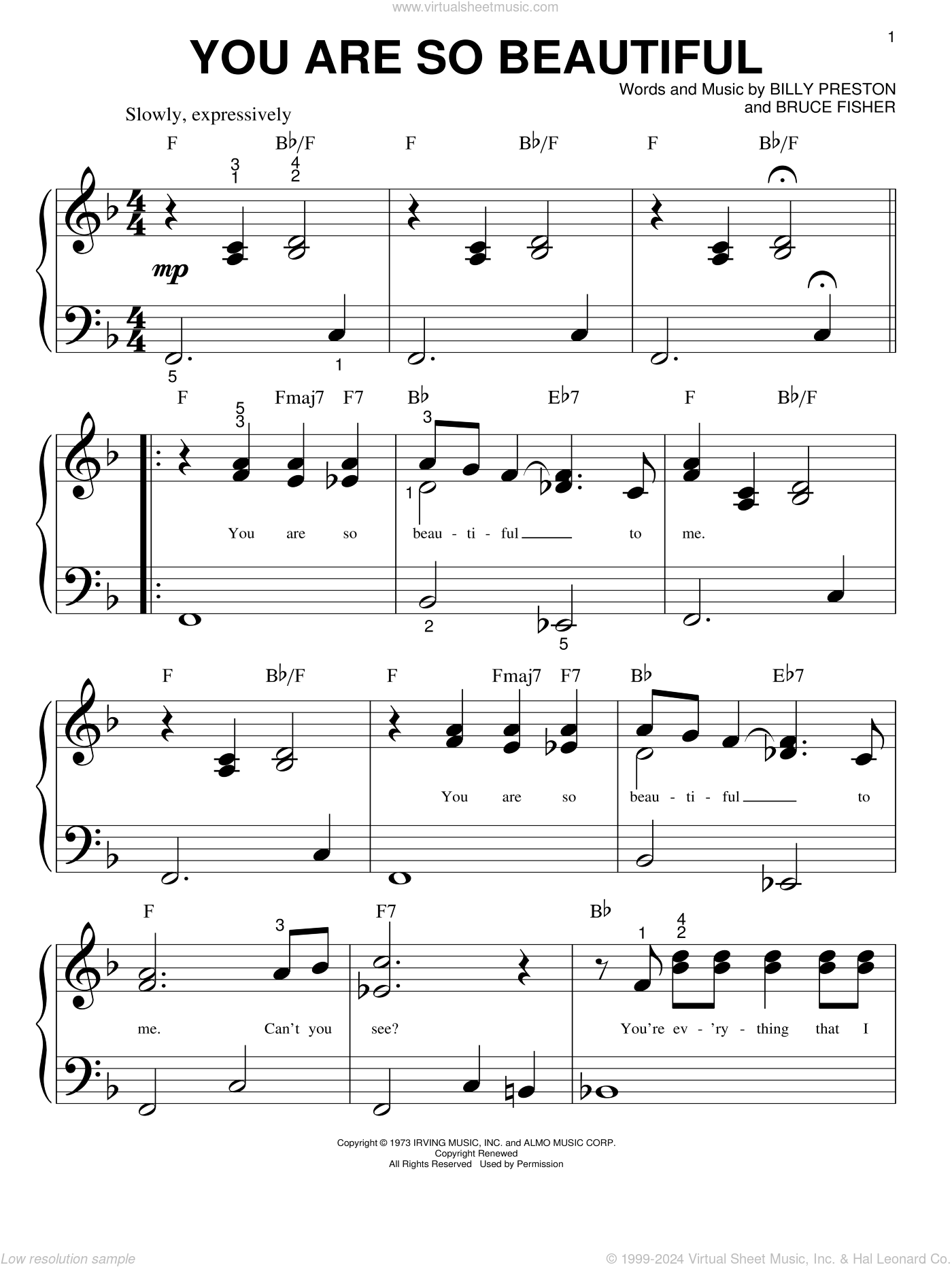 Cocker You Are So Beautiful Sheet Music For Piano Solo Big Note