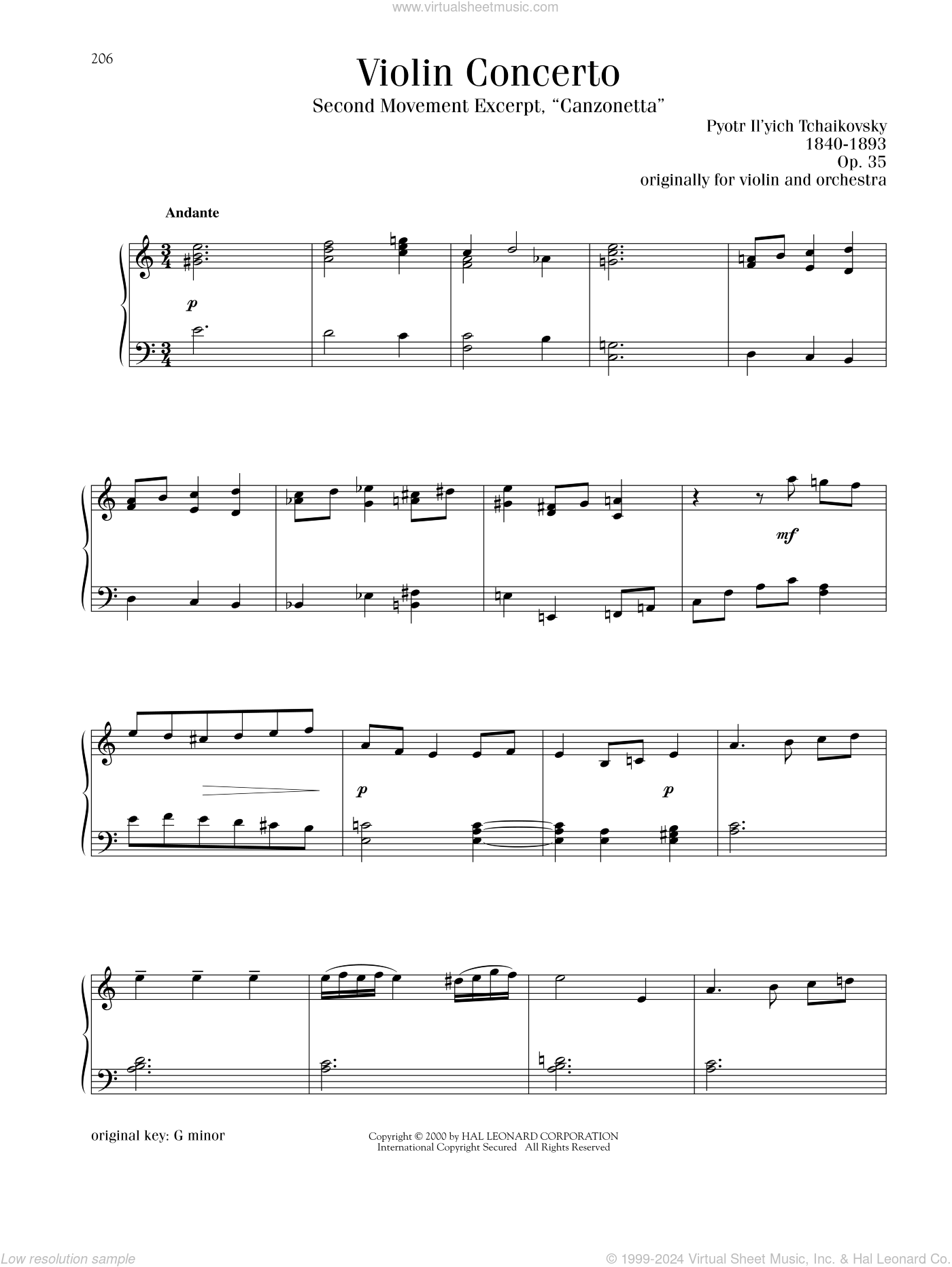 Tchaikovsky Violin Concerto In D Major Op 35 Second Movement Canzonetta Excerpt Sheet 4529