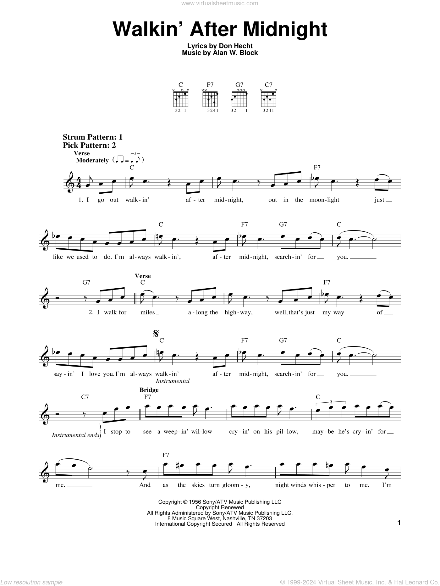 Walkin' After Midnight sheet music for guitar solo (chords) (PDF)