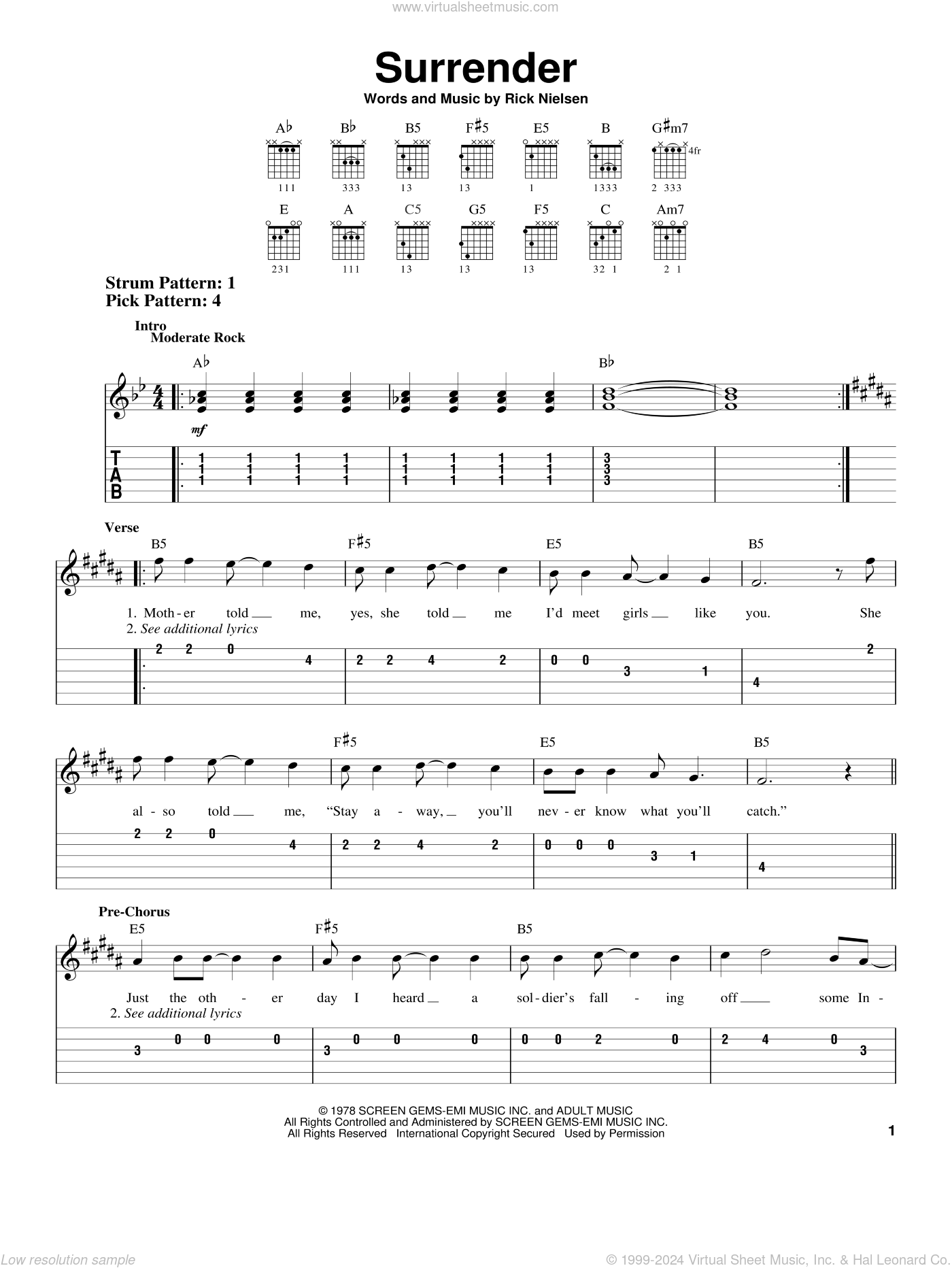 Cheap Trick: Surrender sheet music for guitar solo (easy tablature)