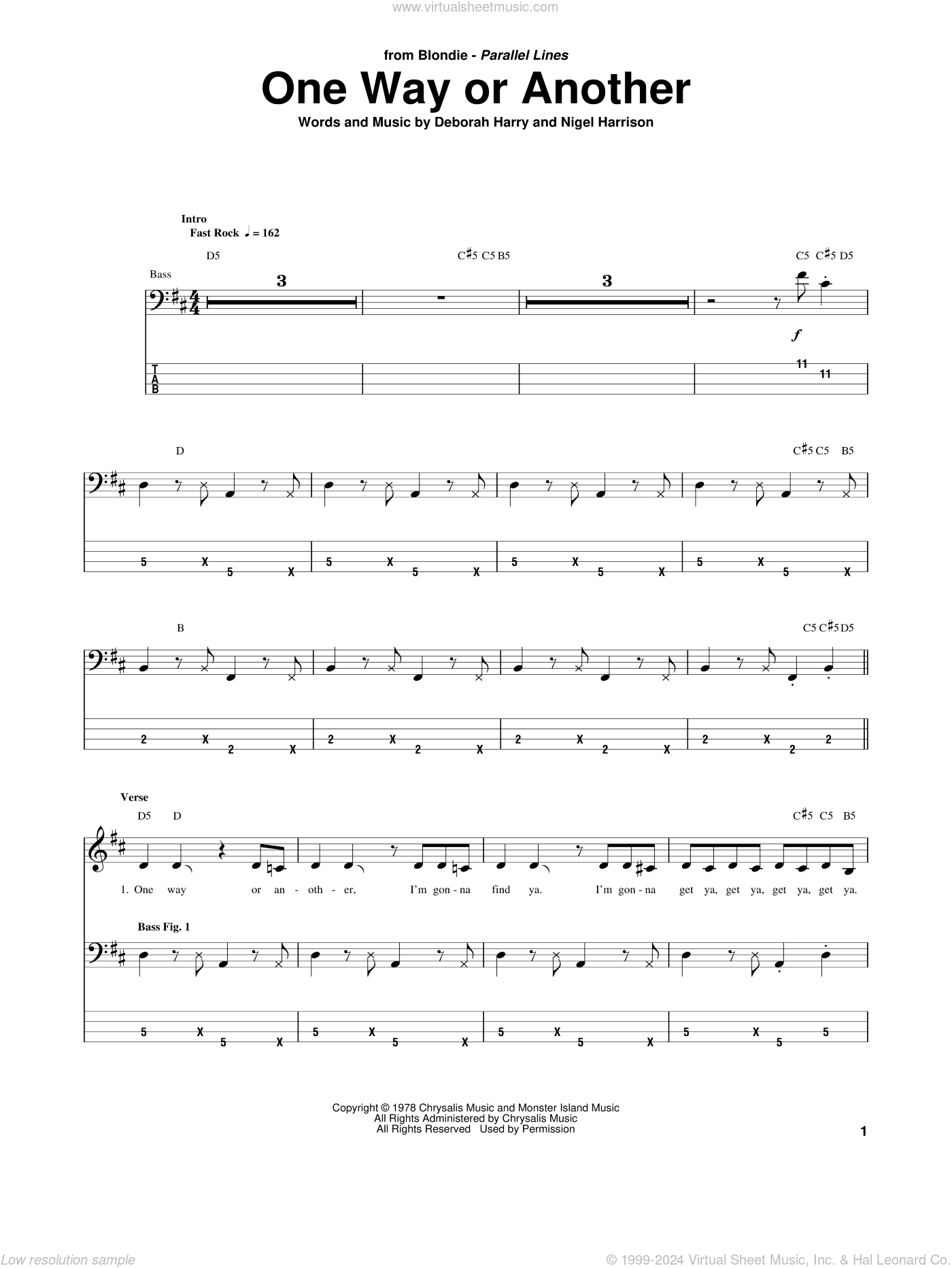 Blondie - One Way Or Another sheet music for bass (tablature) (bass guitar)